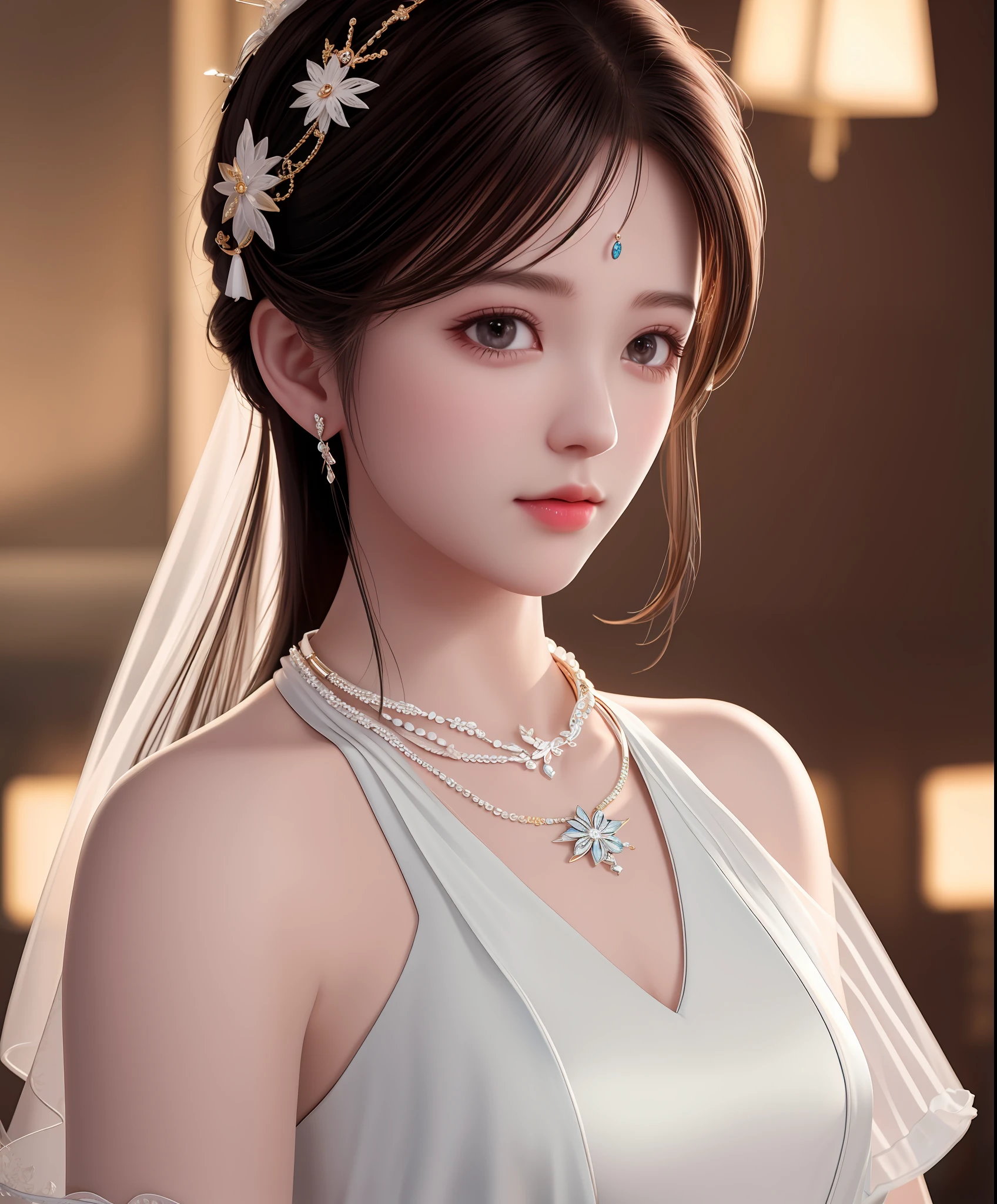 Best quality, masterpiece, high resolution, 1girl, porcelain dress, hair accessories, necklace, jewelry, beautiful face, on the body, Tyndall effect, realistic, dark studio, edge lighting, two-tone lighting, (high detail skin: 1.2), 8k UHD, dslr, soft light, high quality, volumetric light, candid, photo, high resolution, 4k, 8k, background blur,