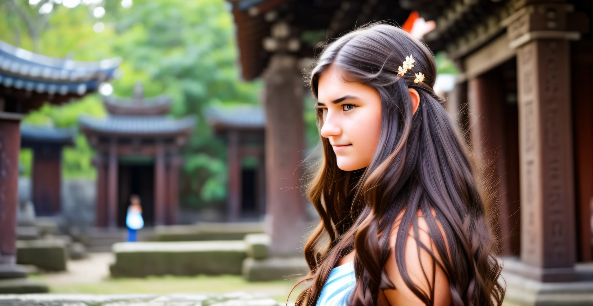 a young woman of about 17 with long brown hair standing in front of a temple where an old sage lives