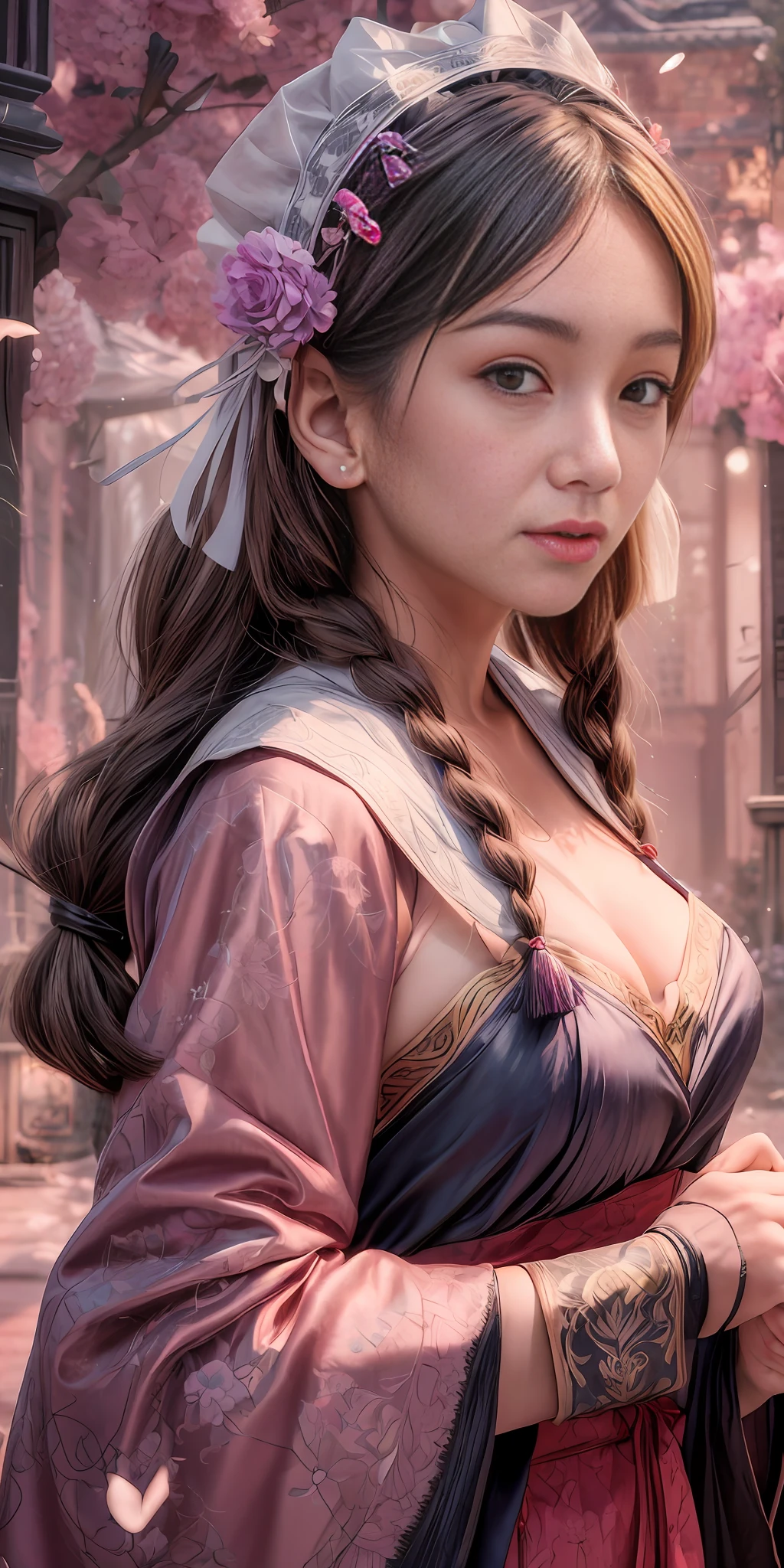 Excellent, masterpiece, upper body, (wood carved screen), 1 woman, mature woman, chinoiserie, antique porcelain, sister, dancer, smile, black hair, princess cut, twist braid, coiled hair, double ball head, coiled hair, streamer, light pink lips, calm, intellectual, red eyes, tassels, silver thread, beaded, peony flowers, robes, cloaks, silk skirts, embroidery, delicate face, face close-up, hand close-up, colorful clothes, (hydrangea fan), pretty face, realistic, edge lighting, two-tone lighting, (high detail skin: 1.2), 8k UHD, SLR, Soft Light, High Quality, Volumetric Lighting, Photo, High Resolution, 4K, 8K, Background Blur