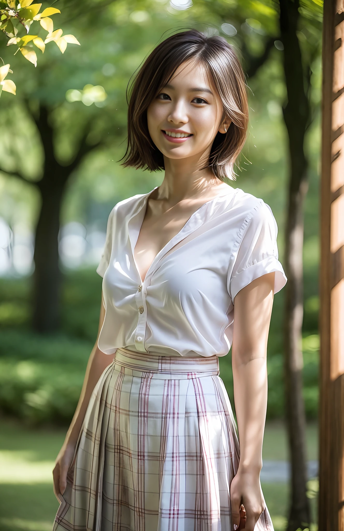 Realistic, solo, beautiful Japan woman, light refreshing blouse and skirt, blouse unbuttoned, skin visible, collarbone, décolleté, natural figure, sweet smile, rough hairstyle not set, sensual expression, soft sunlight in the morning, empty morning park, in the shade of trees, ((seductive pose)), (release libido)))), professional photographer, shallow depth of field,