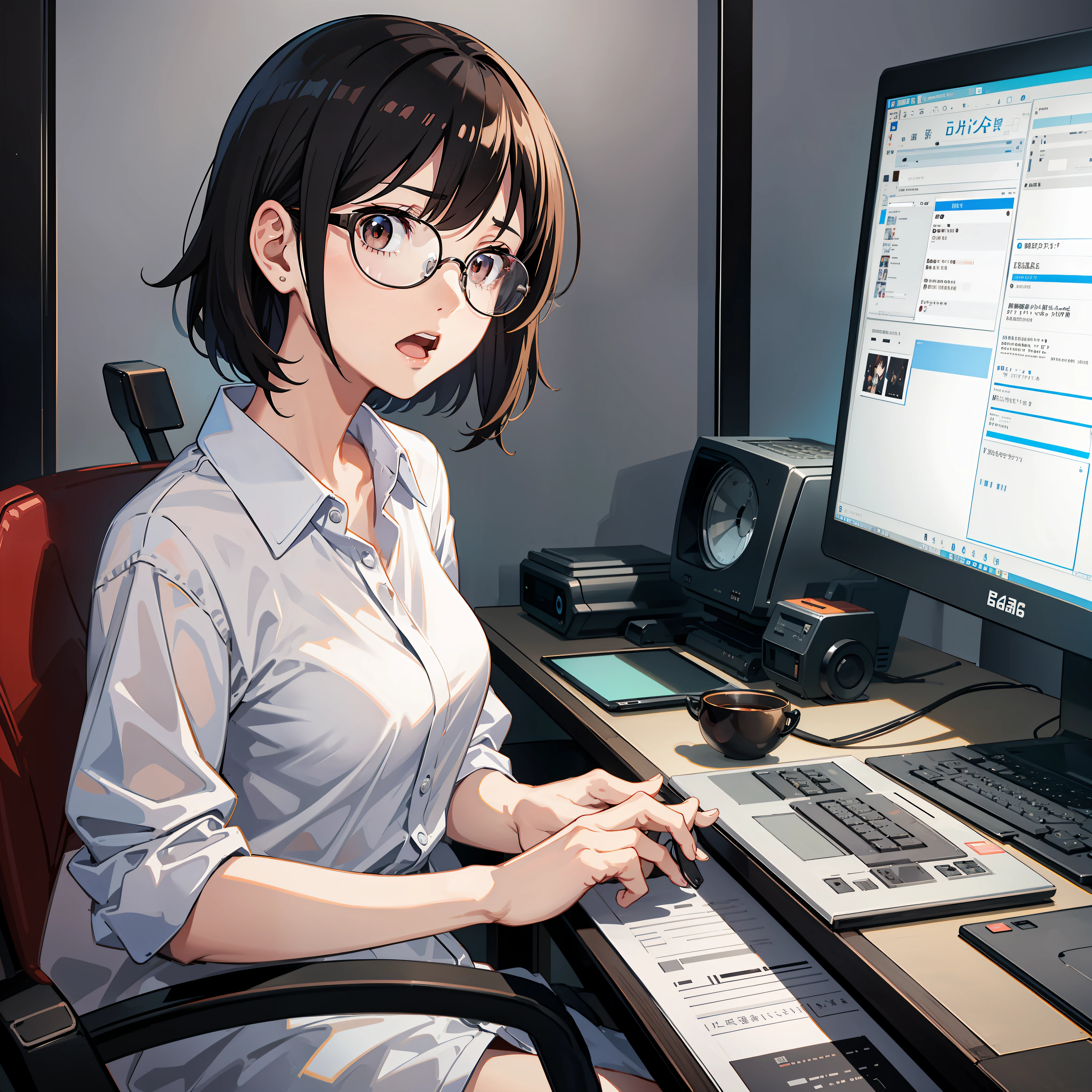 Engineer, Japan, Adult Woman, Anime, Illustration, Solo, Sitting in a Chair, White Shirt, Black Hair, Bob Hair Length, Computer, Thin Round Glasses with Brown Frame, Work, Munch Screaming Pose, Facing Watching Audience