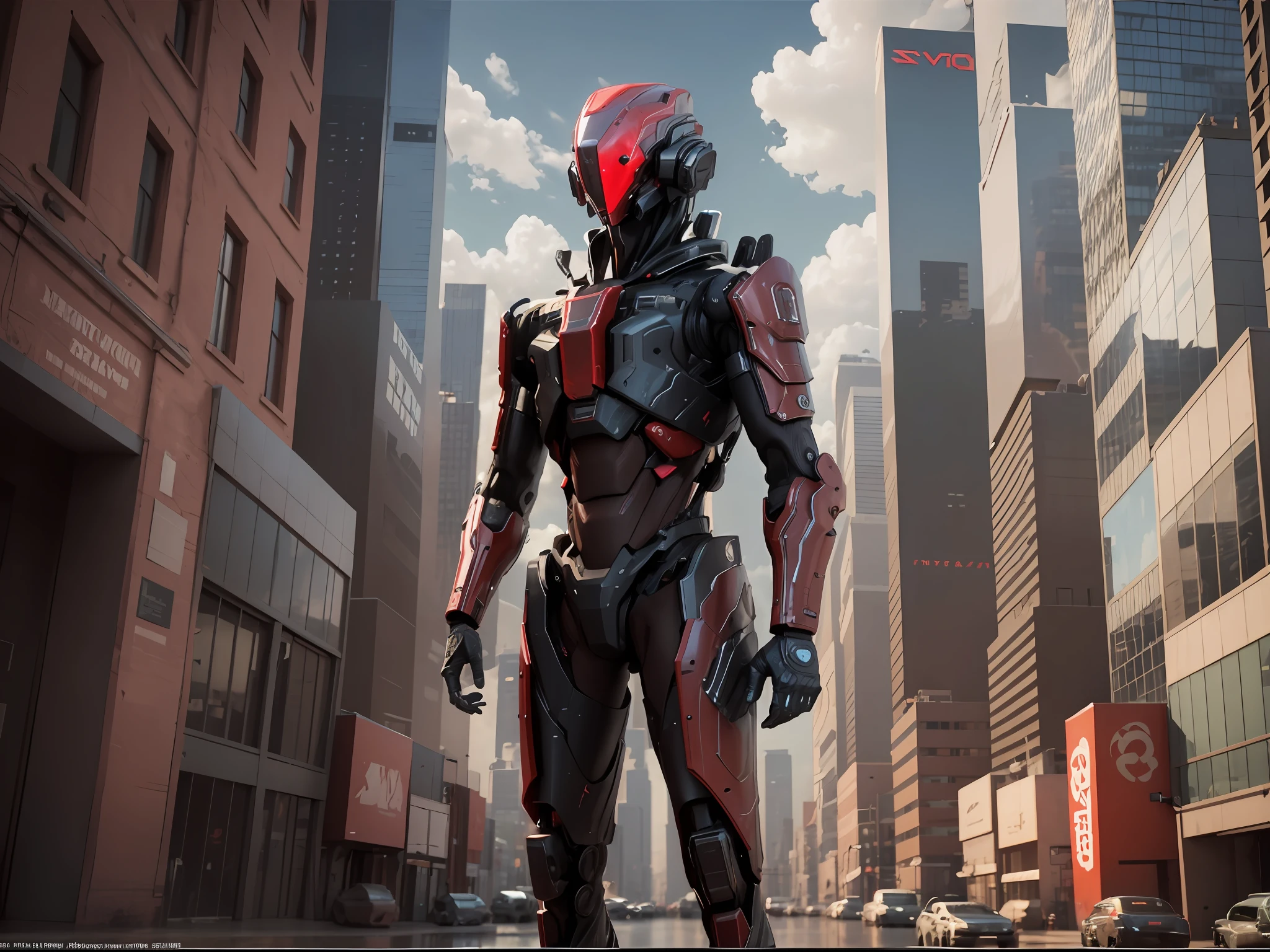 Robot 3D Model, futuristic surrealist, [futuristic detroid city] [shadow: 1.3, red paint, light effects: 2.5, clouds: 1.35], (self-detailing in clothes; ink: black with red), [overcast sky], (robot format head, eye mirror), [8k art].