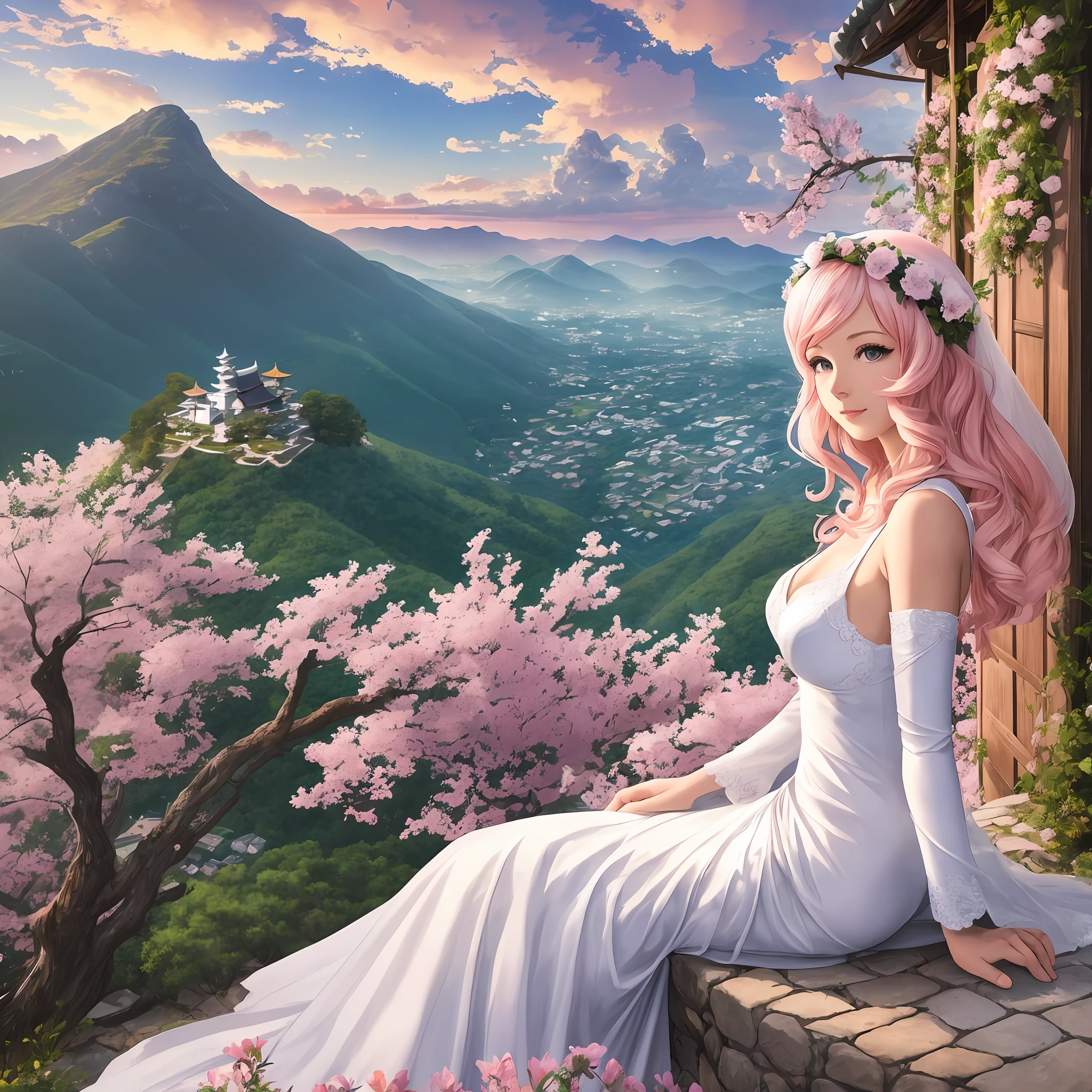 A whimsical, enchanting scene of White Catwoman perched above a towering, arched roof, she watches the tranquil Kinkaku, a serene mountain village nestled amidst the foliage. She steps gracefully onto the roof, revealing a breathtaking array of vibrant flowers and foliage, highlighting the breathtaking setting. Soft, warm hues of pink, orange, and pink-tinged ombre fill the sky, with swirling clouds casting long shadows across the mountain. wide aperture, soft lighting