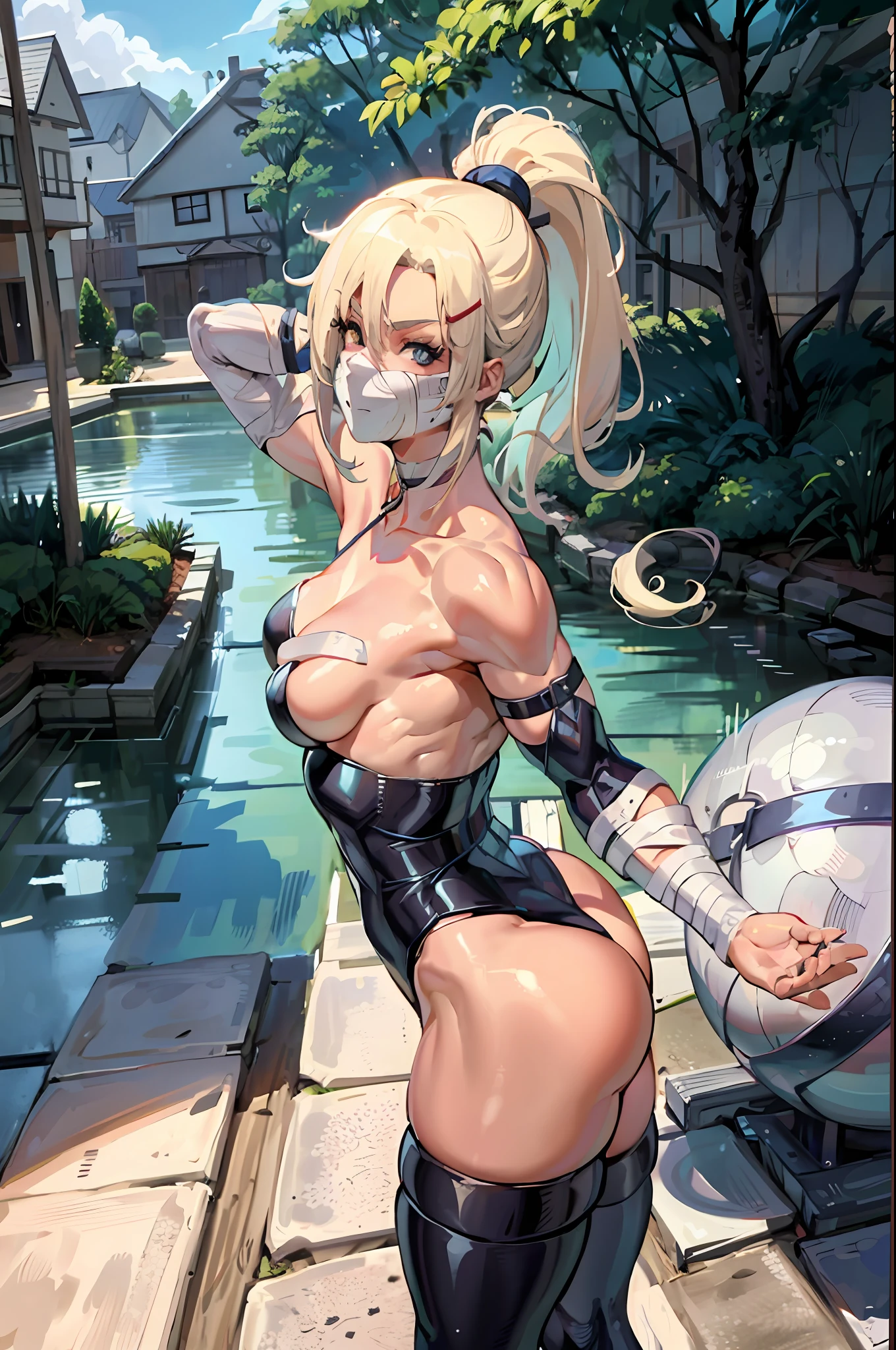 (Ino Yamanaka), blue eyes, long, blonde hair, which is always seen in a ponytail, hair with bangs, formerly small, covering much of her face, muscular, messy hair, large breasts, standing up, white breast sarashi, sarashi, underboob, breasts bandages, arm bandages
(insanely detailed, beautiful detailed face, masterpiece, best quality) volumetric lighting, tone mapping, (looking disgusted), konosuba, (((no errors))), ((well detailed)), (((extremely well done)))