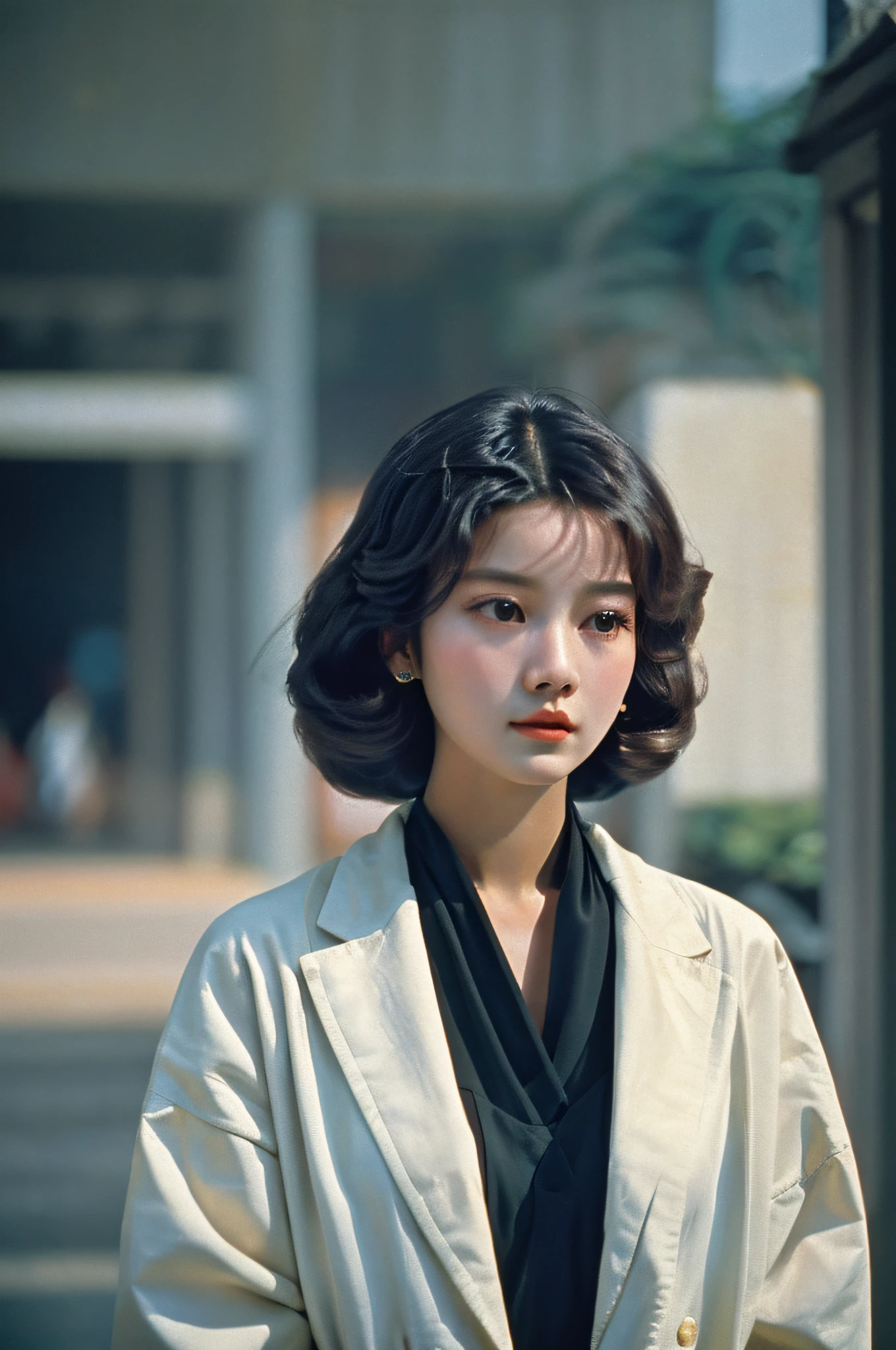 (best quality), (masterpiece), photography, realistic, (1girl), beautiful girl, perfect body, autumn, hair floating in the wind, hard lighting, film grain, heavy grain, film photography, low contrast, portrait, close up shot, wang kar wai style, 70s hair style, vintage, American, 70s Ameria