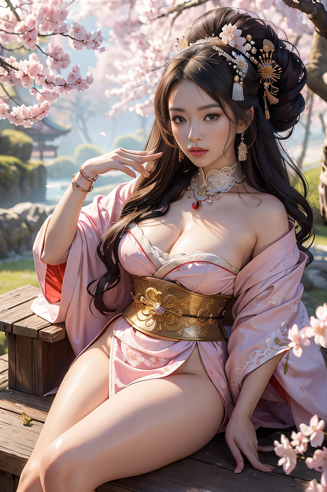 ((hyperrealistic, photorealistic, 8k, intricate details)) "(full body) A queen geisha, samurai geisha, goddess of Japan, samurai goddess, priestess Miko, feudal lady, flowing hair and fleshy lips, full breasts, thick thighs, silky skin, wearing a sexy pink and white chic armor kimono, in a setting with trees and cherry blossoms and, contrasting with the blurred background, with the light gently sliding down her face,  in a dynamic and charming pose."