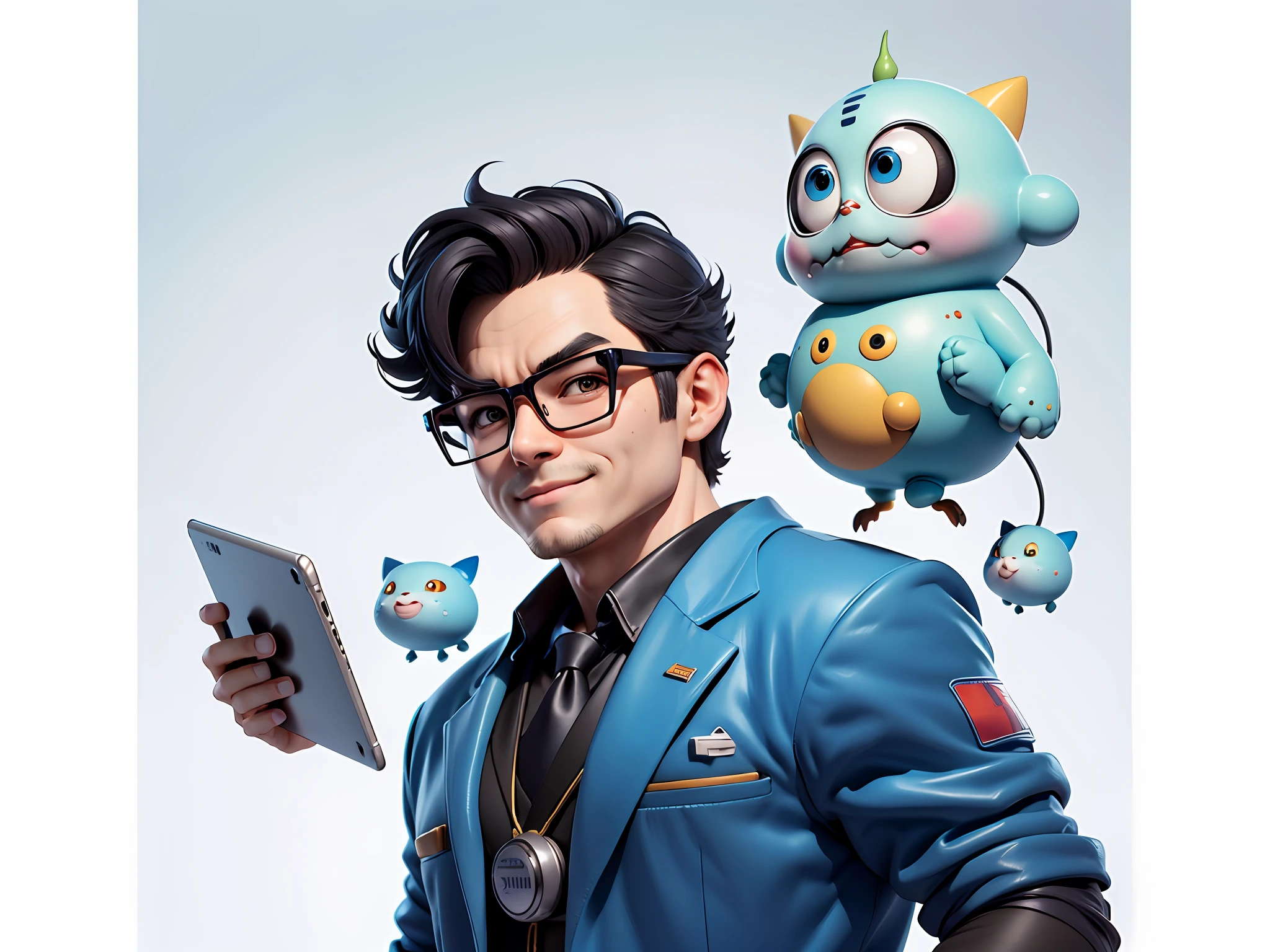 Masterpiece), (Excellent), (Super Meticulous), (Full Body: 1.2), Super Young Woman, Beautiful, Sexy, Bursting, Oriental Face, TV Anchor, Bust Portrait Illustration, Alone, Black Suit, Blue Tie, Silver Glasses, Slightly Chubby Face, Very Clean Face, No Beard, Black Super Short Hair, Black Eyes, Confident Smile, 3c Computer Sub-Products, iPad, iPhone, Digital Painting, 3D Character Design by Akira Toriyama with Mark Claireden and Pixar and Hayao Miyazaki, The illustration is a high-definition illustration in 4K resolution with very detailed facial features and cartoon-style visuals.