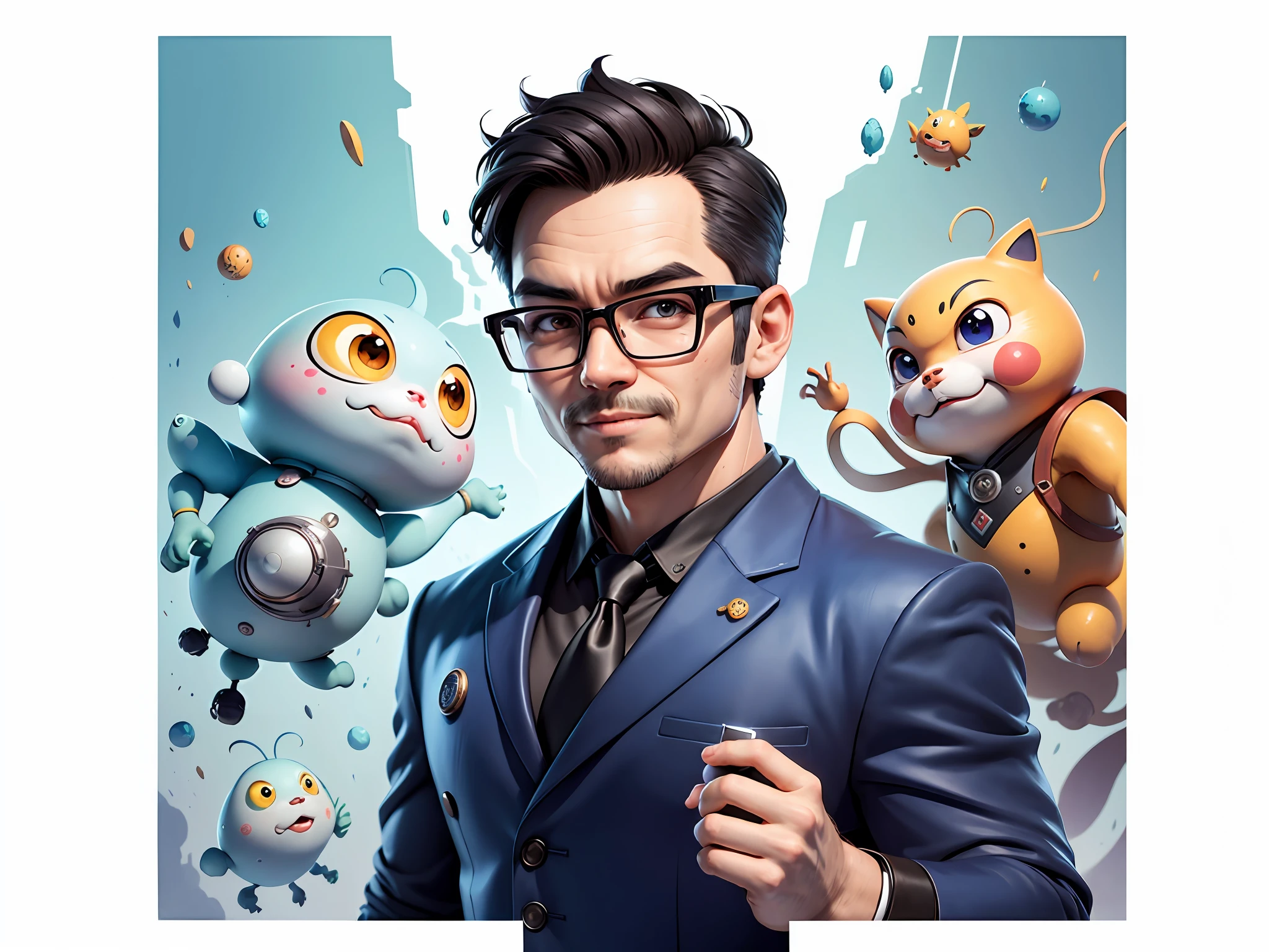 Masterpiece), (Excellent), (Super Meticulous), (Full Body: 1.2), Super Young Woman, Beautiful, Sexy, Bursting, Oriental Face, TV Anchor, Bust Portrait Illustration, Alone, Black Suit, Blue Tie, Silver Glasses, Slightly Chubby Face, Very Clean Face, No Beard, Black Super Short Hair, Black Eyes, Confident Smile, 3c Computer Sub-Products, iPad, iPhone, Digital Painting, 3D Character Design by Akira Toriyama with Mark Claireden and Pixar and Hayao Miyazaki, The illustration is a high-definition illustration in 4K resolution with very detailed facial features and cartoon-style visuals.