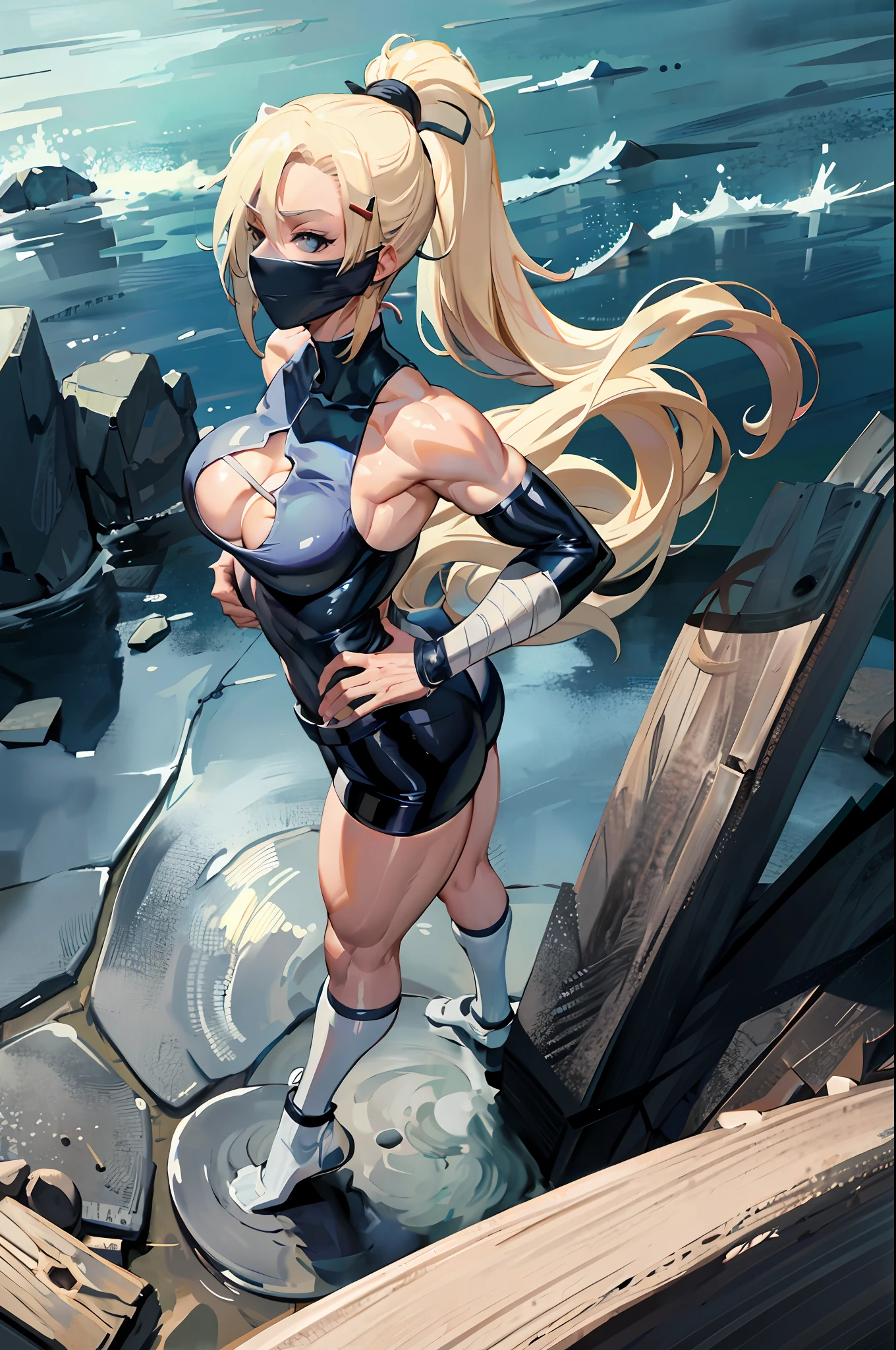 (Ino Yamanaka), blue eyes, long hair, blonde, which is always seen in a ponytail, hair with bangs, formerly small, covering much of her face, muscular, messy hair, huge breasts, standing up, sarashi white breast, sarashi, underboob, breasts bandages, arm bandages
(insanely detailed, beautiful detailed face, masterpiece, best quality) volumetric lighting, tone mapping, (looking disgusted), konosuba, (((no errors))), ((well detailed)), (((extremely well done)))