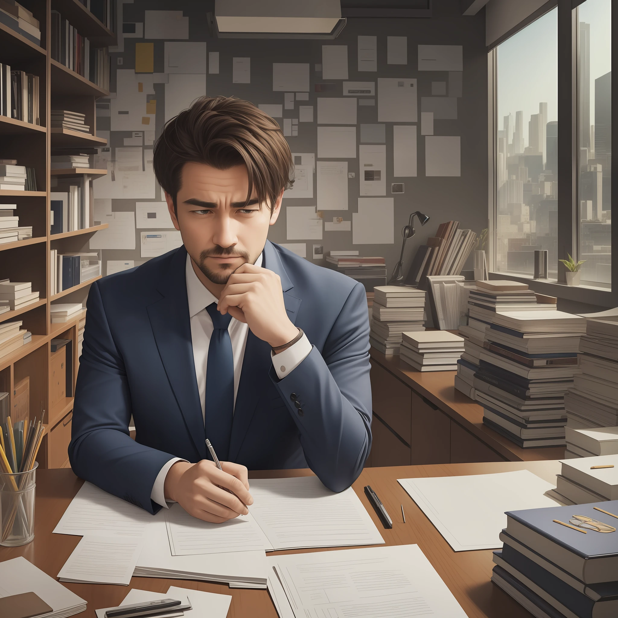 The image depicts Mark in his office, situated by a large window that overlooks a vibrant and bustling cityscape. Mark is seated comfortably in a chair, positioned in a way that allows him to gaze outside. The office itself is tastefully decorated, with shelves filled with books and motivational quotes adorning the walls.

Mark's expression carries a sense of contemplation and concern as he observes the busy cityscape. His brows are slightly furrowed, indicating his deep understanding of the issue at hand. Through his experiences as a life coach, he has encountered numerous clients who share a common belief system. The image captures the essence of their mindset, as depicted by a series of visual elements surrounding Mark.

In the image, scattered papers and files can be seen on Mark's desk, representing the chaotic nature of his clients' lives. The papers symbolize their never-ending to-do lists and constant need for productivity. Additionally, a clock on the wall may be shown, its hands ticking away, highlighting the clients' perception that time is always running out.

To contrast the hectic outside world, Mark's office exudes a sense of calm and order. The space is well-organized, with a serene color palette and comfortable furnishings. This juxtaposition emphasizes the contrast between the clients' frantic approach to life and Mark's role as a stabilizing force.

Overall, the image conveys the central theme of Mark's encounters with his clients. It captures the dichotomy between the bustling city and the tranquility of his office, symbolizing the need for balance and a reevaluation of priorities in order to achieve true success and happiness.