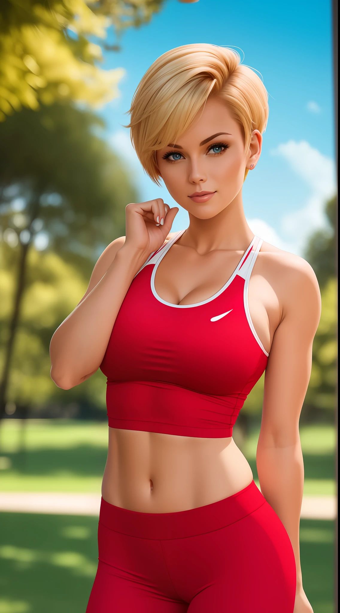 Beautiful woman, Milf, wearing a revealing red and white exercise outfit, short blonde hair, soft lighting, summer park background, perfect hands