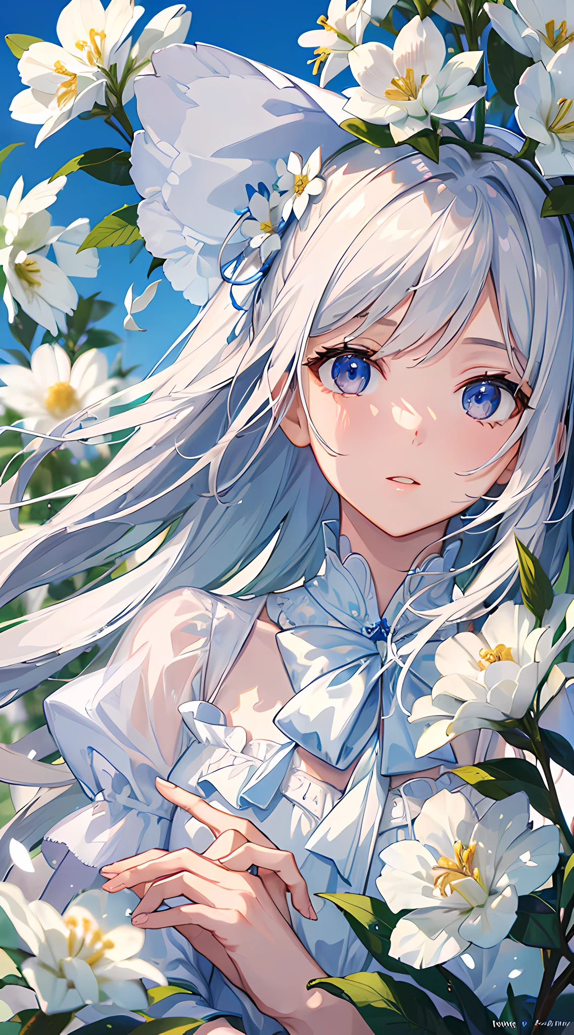 (masterpiece, best quality:1.6), white lace dress, cowboy shot, thighs, beautiful girl, (flowers, many small white petals:1.3), garden, blue sky, looking at viewer, small waist, official art, raw photo, incredibly absurdres, facelight, dynamic lighting, cinematic lighting, ultra realistic, highres, photography, sharp focus, highest detailed, extreme detailed, ultra detailed, finely detail, extremely detailed eyes and face