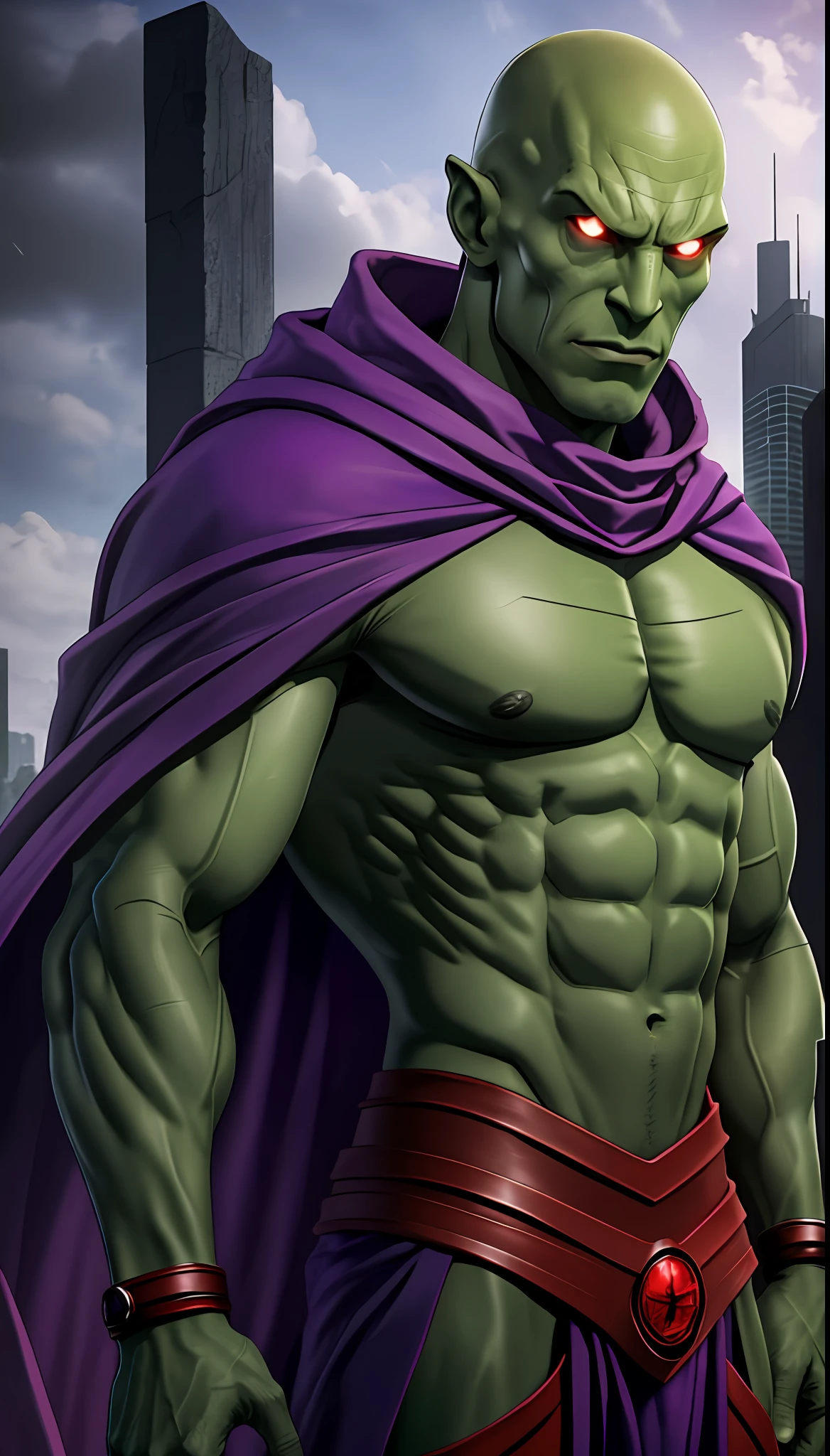 1man, solo, Martian Manhunter (DC comics), J'onn j'ozz, tall, muscular, hunk, abs, dark green skin, chiseled face, old face, alien face, high cheekbones, alien pointy ears, dark green tattoos, long claws on forearms, long head, long face, squared chin, bald head, egg-shaped head, long ((purple)) cape, cape tied to the chest, flowing cape, red eyes, no pupils, shirtless, standing powerfully, flat style, ultra detailed, low camera angle, upper body shot, 2 red straps on the chest big black and red armored male leather skirt on the outside, black pant on the inside, purple shoulder pads, high resolution:1.2, circle red and black emblem on the chest, battlefield in the background, award winning, shadow