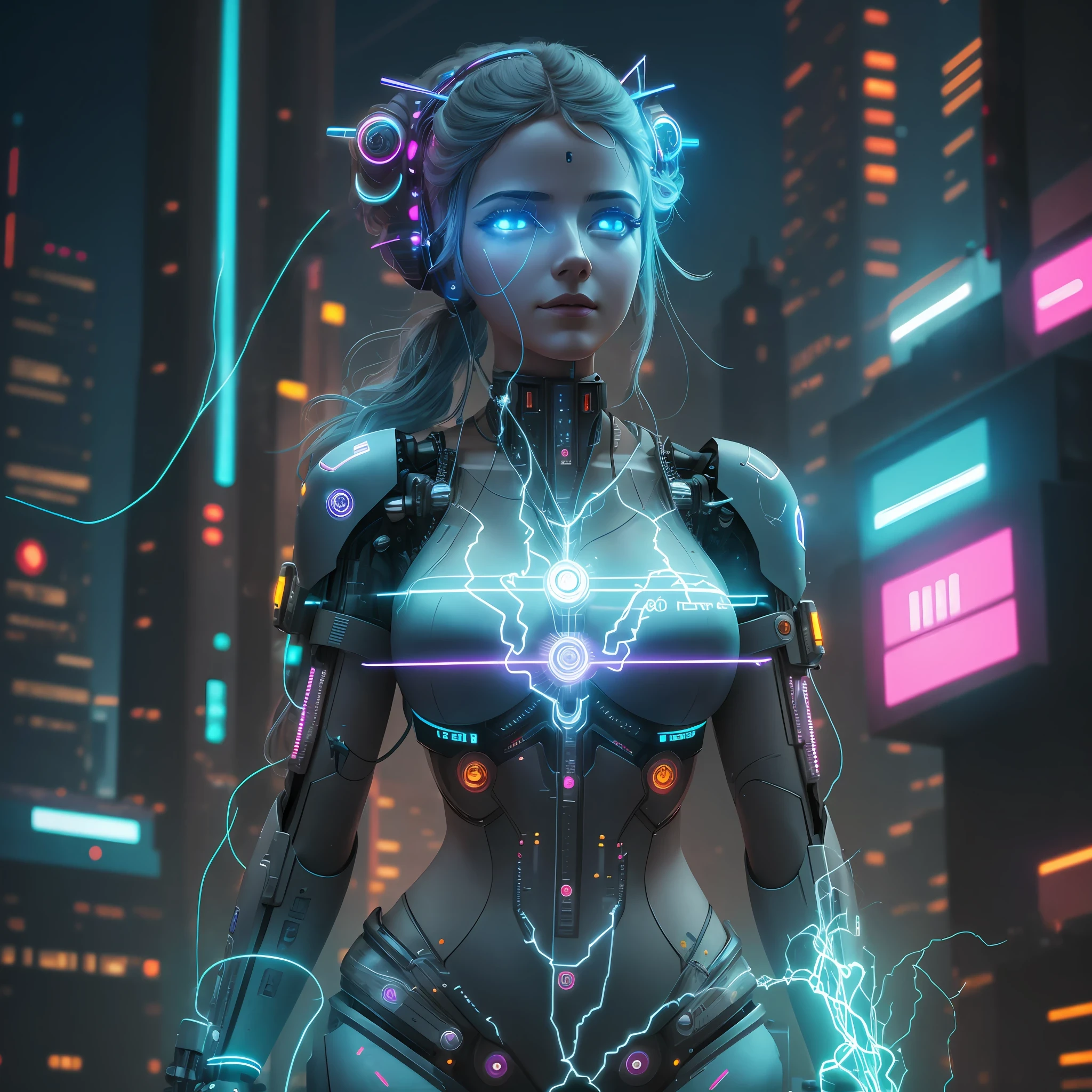 Goddess of electricity, electric currents in her body, robot around her, cyberpunk city ,4k,8k,ultra gráfica --auto --s2