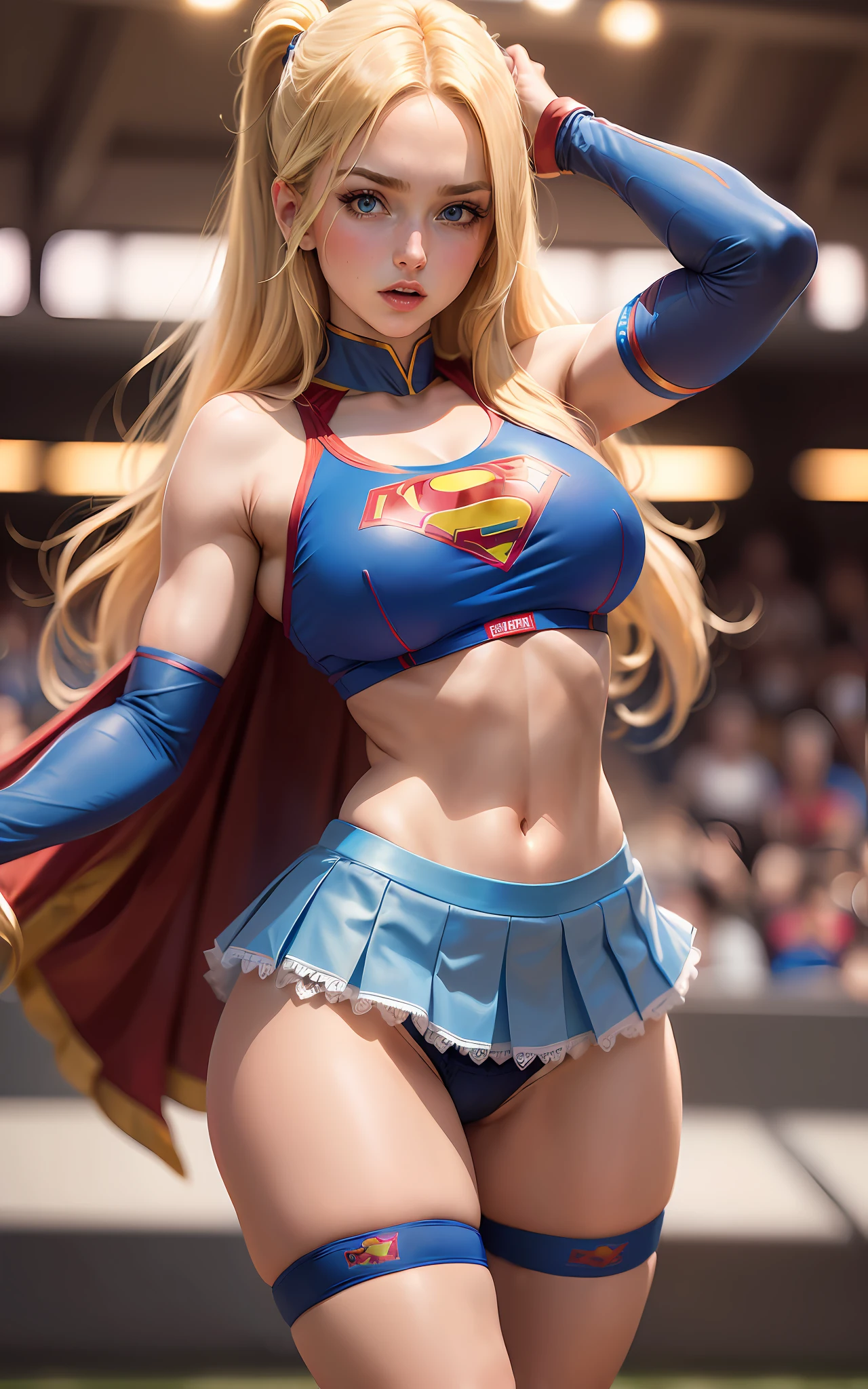 ((masterpiece, best quality,absurdists)),supergirl( a woman long blonde hair, 21 years old,blue and expressive eyes,huge breasts), cheerleader supergirl cosplay(short gym top, pleated mini skirt, lace thong panties with garters, stockings (supergirl costume)), back strutting ass, american football stadium, blurry people, day,