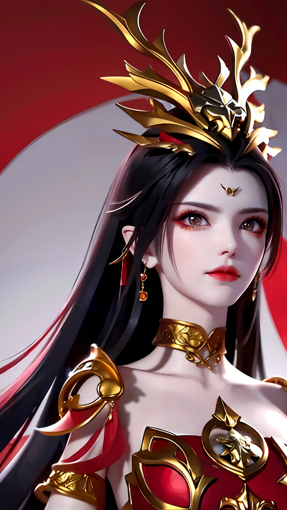 Excellent, masterpiece, black hair, golden eyes, red group, looking up, upper body, hair, red theme