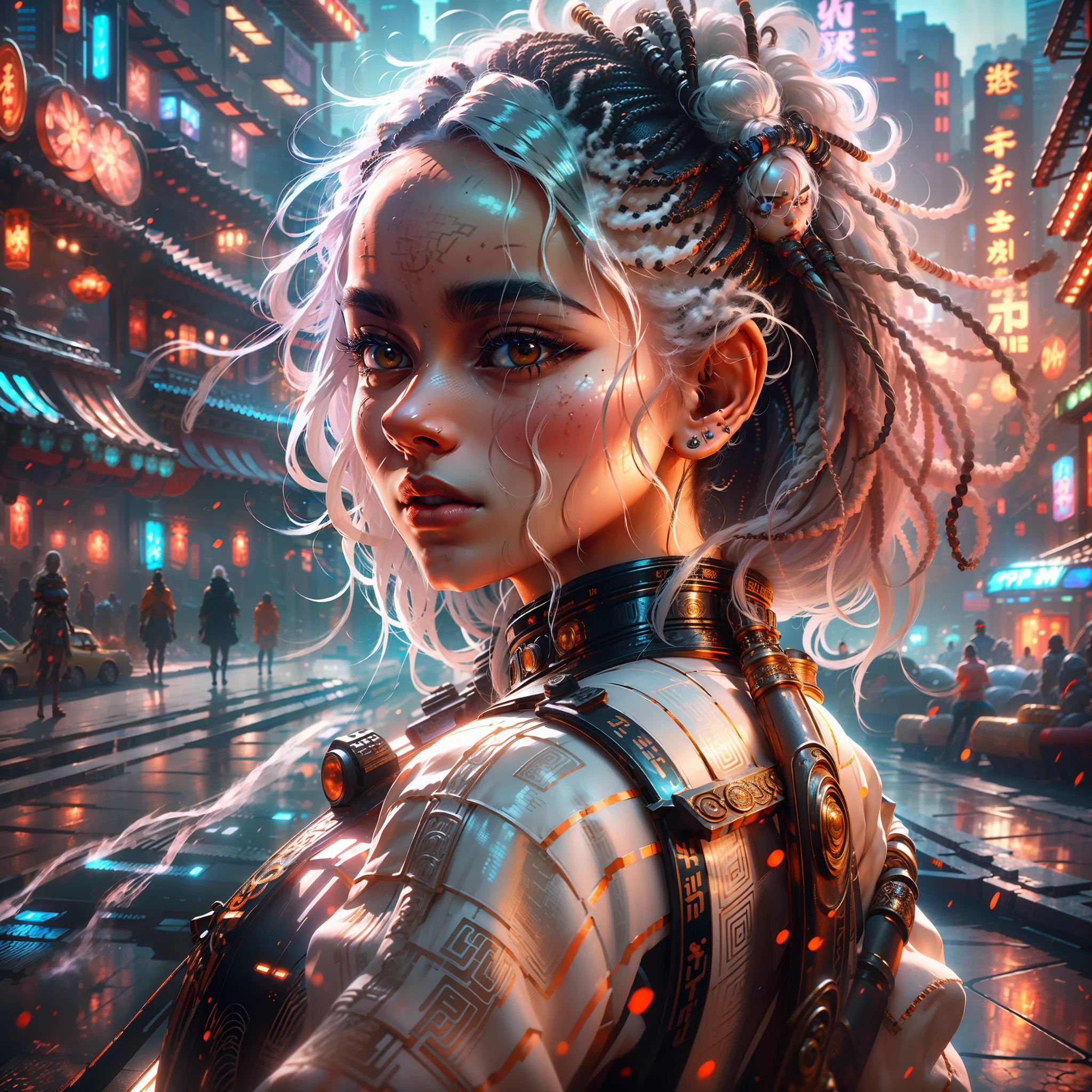 floating hair, Detailed head portrayal, Urban style, City Punch In, 1 young woman, Supple skin, Moisturized lips, white hair, Color blue & orange contrast, Facing the lens, backlighting