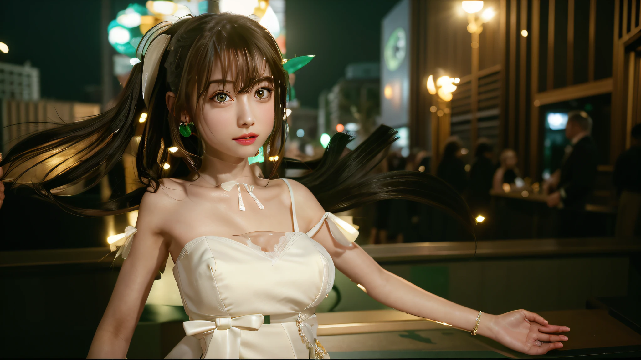 Random posture, (An extremely delicate and beautiful work), (masterpiece), 1girl, a girl in a white dress, highly detailed, waist leaking, ponytail contorted, charming expression, beautiful and clear eyes, green eye pupil, delicate necklace, delicate earrings, fairy ears, simple blurred background, extreme detail description, beautiful, charming, ultra-fine painting, delicate face, delicate figure, Fine collarbones, lovely lips, beautiful breasts, soft behind, mix4,(8k, RAW photo, best quality, masterpiece:1.2), (realistic, photo-realistic:1.37),1girl,cute,cityscape, night, rain, wet, professional lighting, photon mapping, radiosity, physically-based rendering,