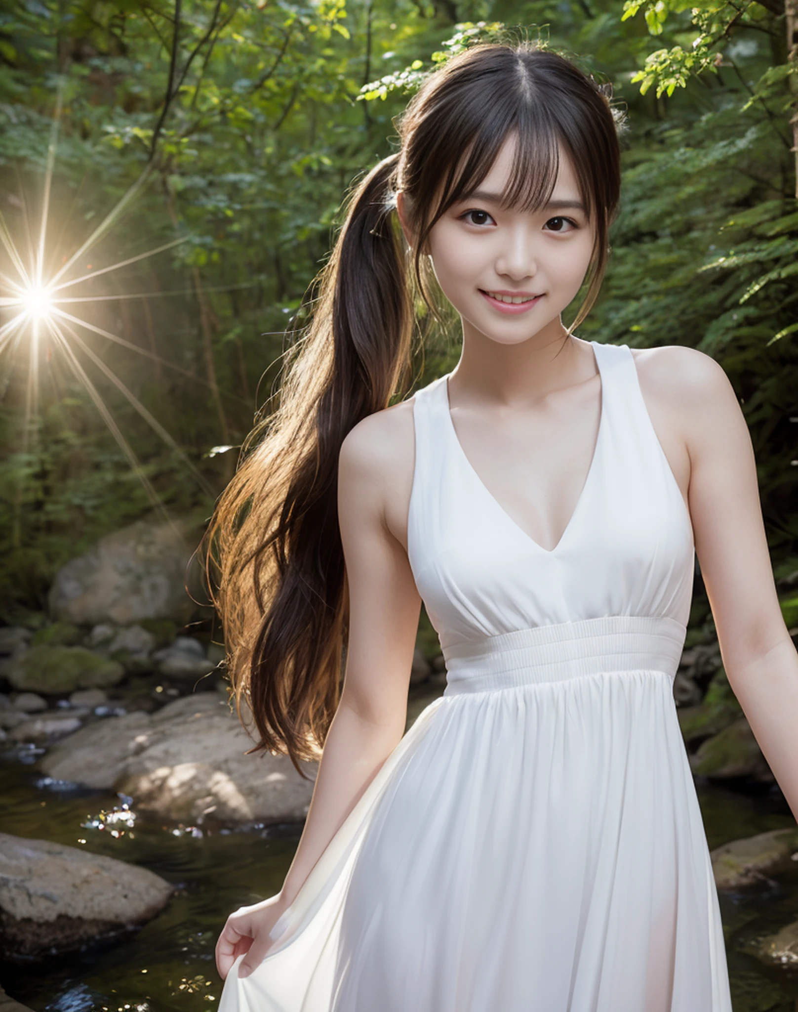 ((1 person)),((Photorealistic))), ((AKB 48))), (Full body photo)), looking up from below, twilight, facing away, ((((lens flare)))),((Backlight)))))), ((in the forest)), ((clear stream deep in the dark mountains)),((Rock in the background)),((smiling),((NIKON Z))), (19 years old),( Small bust)))), (((White dress)))), ((((Pore feeling)))), (skin feeling))))), (Photorealism: 6, Realistic))))), (sideways and turning around pose))),Perfect chest shape, bare buttocks, side ponytail, ribbons, hair ornaments, pale skin, looking at the viewer, small waist