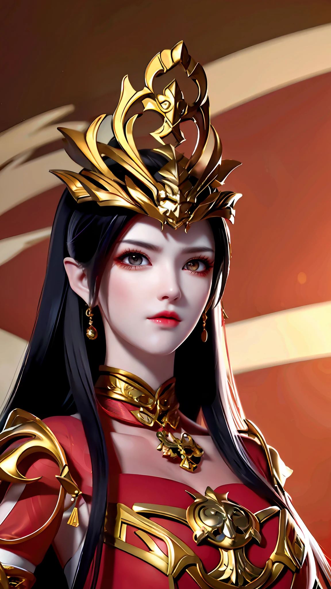 Excellent, masterpiece, black hair, golden eyes, red clothes, looking up, upper body, hair, fair skin, red theme