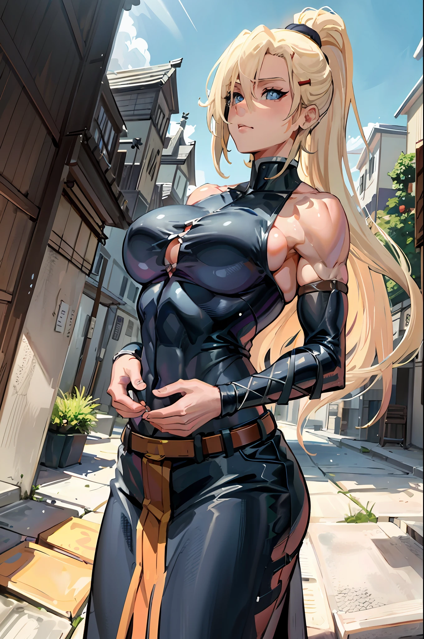 (Ino Yamanaka), blue eyes, long hair, blonde, which is always seen in a ponytail, hair with bangs, formerly small, covering much of her face, muscular, messy hair, huge breasts, standing up, sarashi white breast, sarashi, underboob, breasts bandages, arm bandages
(insanely detailed, beautiful detailed face, masterpiece, best quality) volumetric lighting, tone mapping, (looking disgusted), konosuba, (((no errors))), ((well detailed)), (((extremely well done)))