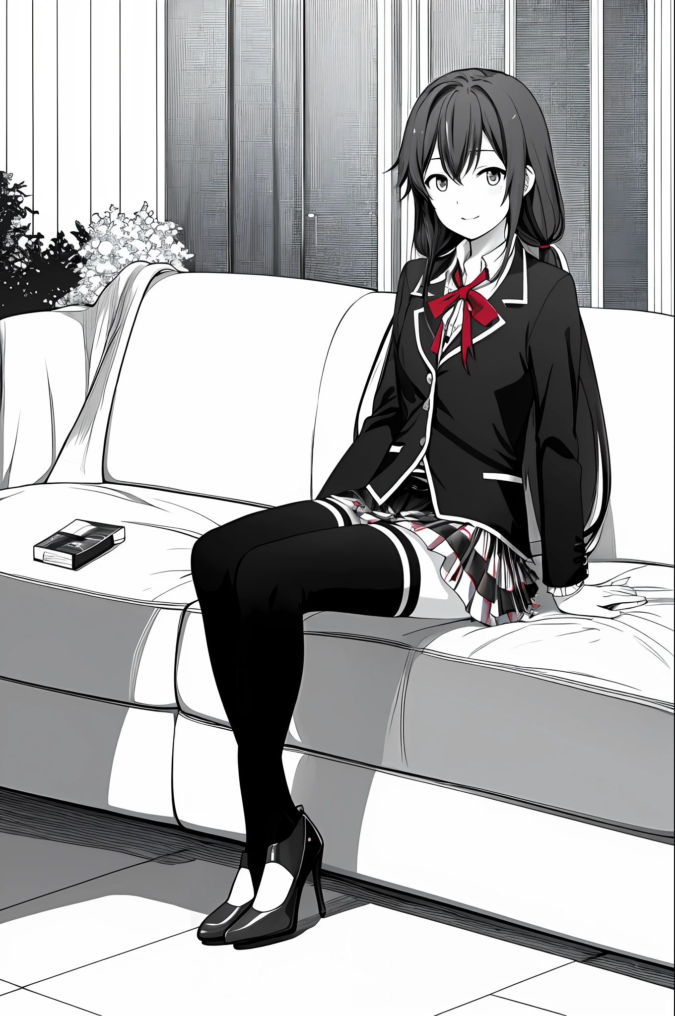 masterpiece, best quality,  yukino yukinoshita, 1girl, cushion, long hair, thighhighs, skirt, black knee high socks, solo, couch, smile, sitting, looking at viewer, breasts, twintails, jacket, high heels, sweet devil \(vocaloid\), parted lips, monochrome, lineart,