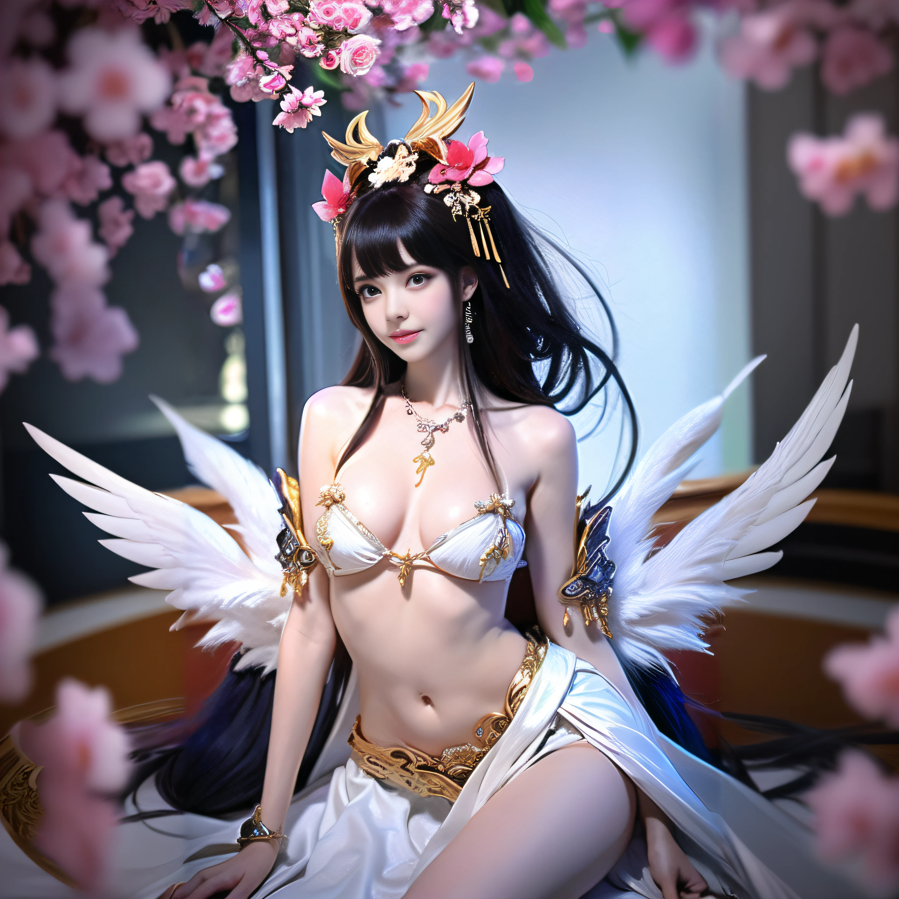 arafed woman in a white dress with wings and a flower crown, anime goddess, a beautiful fantasy empress, anime girl cosplay, japanese goddess, full body xianxia, anime cosplay, cosplay, of beautiful angel, ((a beautiful fantasy empress)), beautiful alluring anime woman, ornate cosplay, seductive anime girl, beautiful goddess, irelia