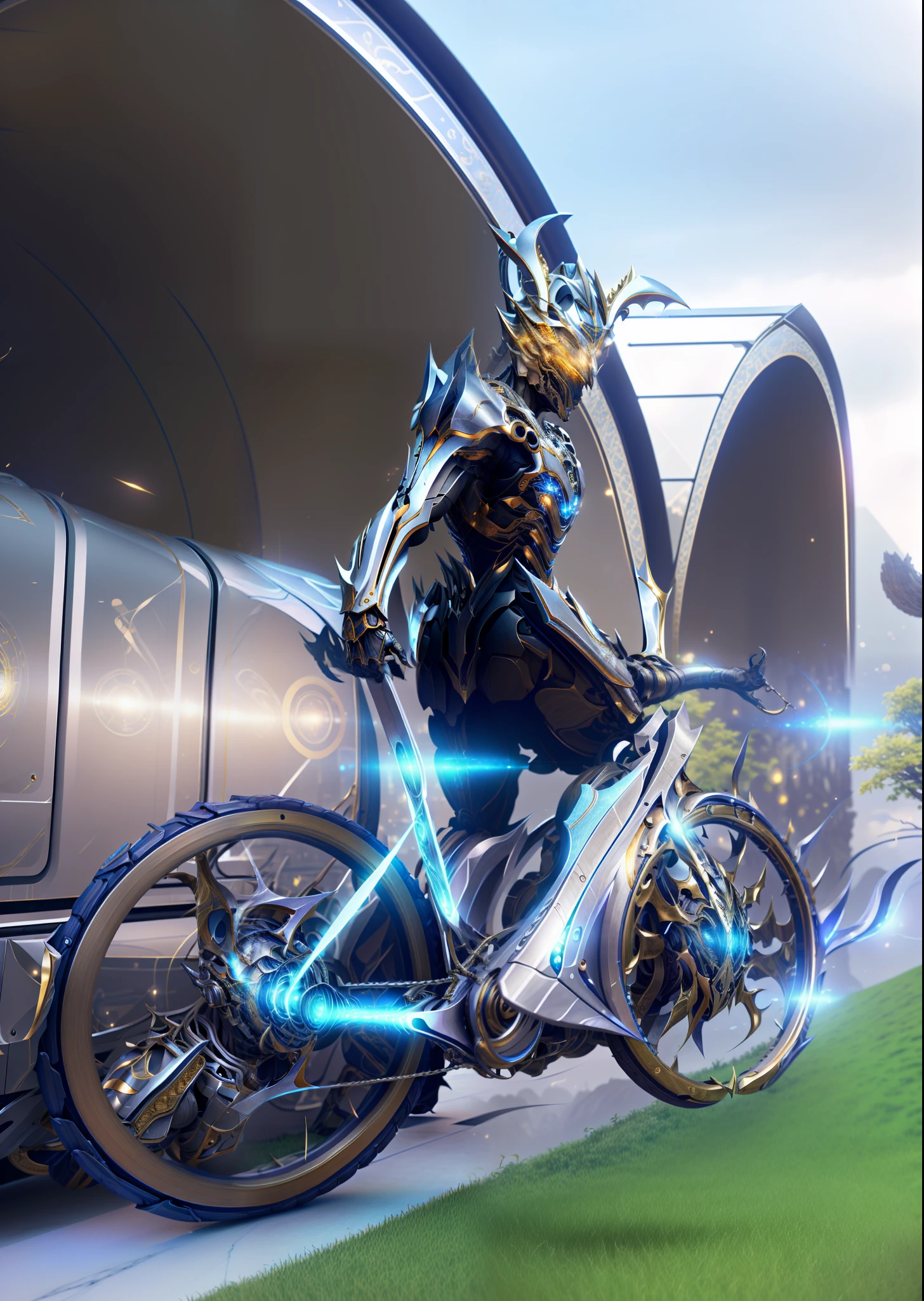 (Masterpiece: 1.2), Best Quality, High Resolution, Unified 8k Wallpaper, (Illustration: 1.0), Beautiful Detailed, Very Detailed, Perfect Lighting, Very Detailed CG, Locomotive, Glowing Eyes, Backlight, Armor, False Horn, Glow, Full Armor, Warframe, humanoid_robot, Horn, Helmet, Mask, sample_background, Looking at the Audience, Solo, Perspective,