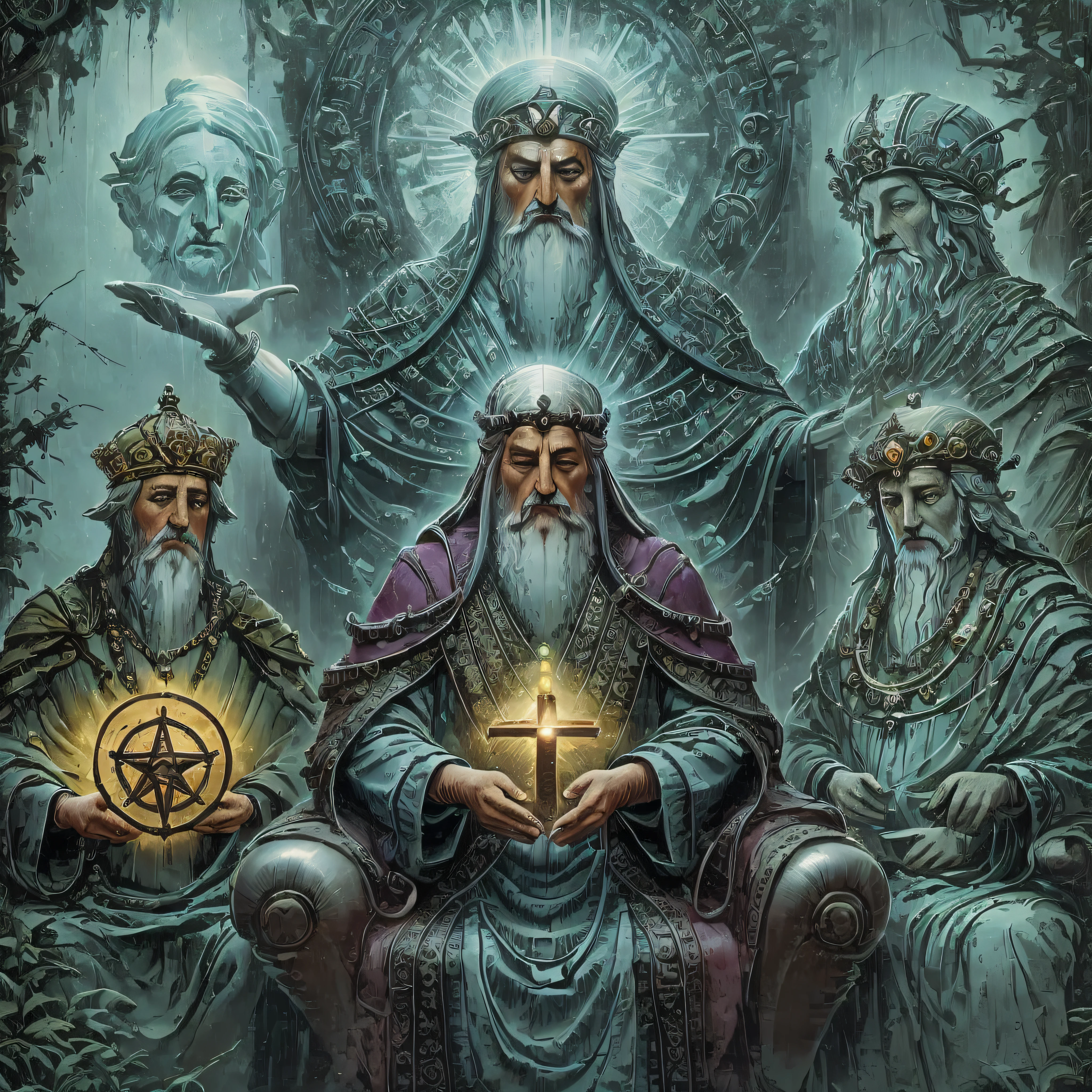 The Hierophant card in the Tarot represents tradition, spirituality, and teachings. He personifies the figure of a spiritual leader or mentor.

The Hierophant is depicted as an elderly man, dressed in ceremonial robes, often in shades of white and gold. His posture is upright and solemn, conveying a sense of wisdom and spiritual authority. He wears a crown that symbolizes his role as an intermediary between the divine and the earthly.

He is seated on a throne, usually adorned with sacred symbols, representing his connection to the divine mysteries. In one hand, he holds a scepter or crosier, representing his role as a spiritual guide. In his other hand, he makes a gesture of blessing or teaching, symbolizing his role in imparting knowledge and wisdom.

Around the Hierophant, religious or spiritual symbols such as pillars, sacred books or divine figures can be seen. These elements represent the tradition, the spiritual teachings, and the belief system to which he is connected.

The Hierophant represents the search for spiritual knowledge, guidance, and connection with the divine. He reminds us of the importance of seeking teachings and guidance from reliable, established sources. He also invites us to follow the ethical and moral principles that are fundamental to our spiritual journey.

This letter encourages us to seek a deeper understanding of the spiritual world and to seek the wisdom imparted by those who came before us. It also invites us to find our own voice and spiritual truth, while respecting the tradition and teachings that have been handed down to us.

Upon encountering The Hierophant card, we are reminded of the importance of cultivating our spirituality, finding a spiritual guide or mentor, and following a path of spiritual growth and development. It is a card of connection to the sacred and of seeking a deeper understanding of the world beyond the physical.