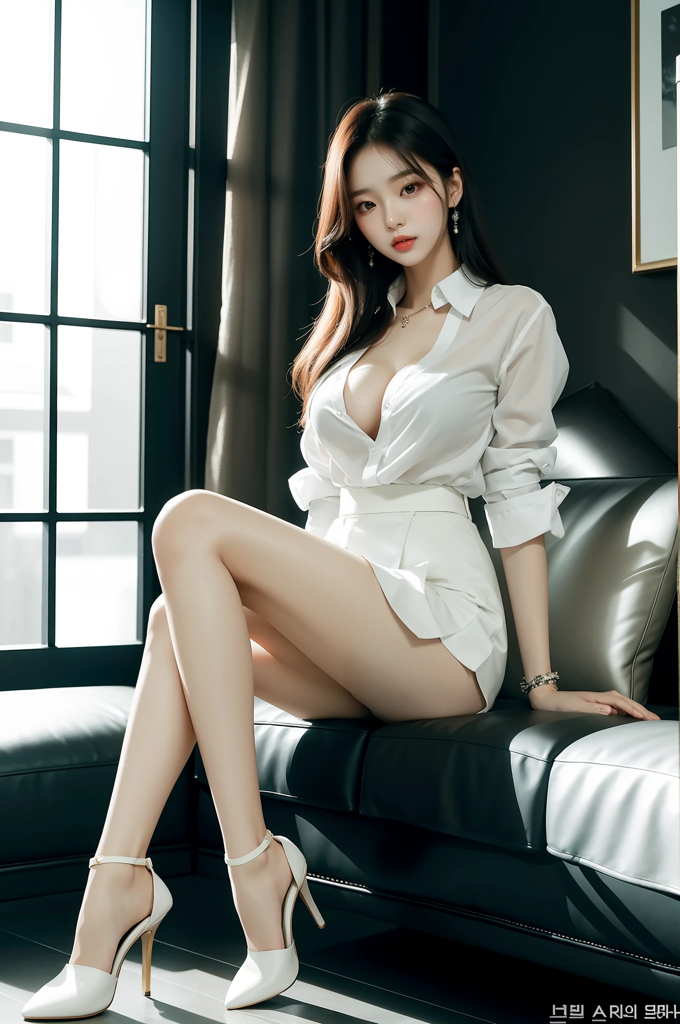 Araf woman sitting on sofa in white shirt and black skirt, gorgeous young korean woman, korean girl, elegant seduction pose, beautiful young korean woman, beautiful korean woman, cute elegant pose, korean woman fashion model, sexy appearance, gorgeous chinese model, stunning elegant pose, wearing white shirt, very sexy outfit, Korean woman, attractive pose, no shirt underwear, cleavage,