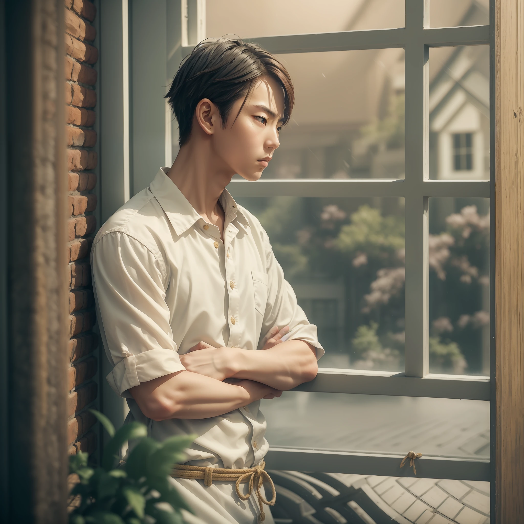"((masterpiece)), best quality, ultra-detailed, high-resolution, dynamic angle, dynamic pose, (1 boy) looking out a window with a curious and inspired expression, subtle backlighting, comforting and peaceful atmosphere, cinematic feel, (outdoors, daytime, residential area), natural lighting with soft shadows and highlights, warm color grading." (使用pt语言) --auto --s2