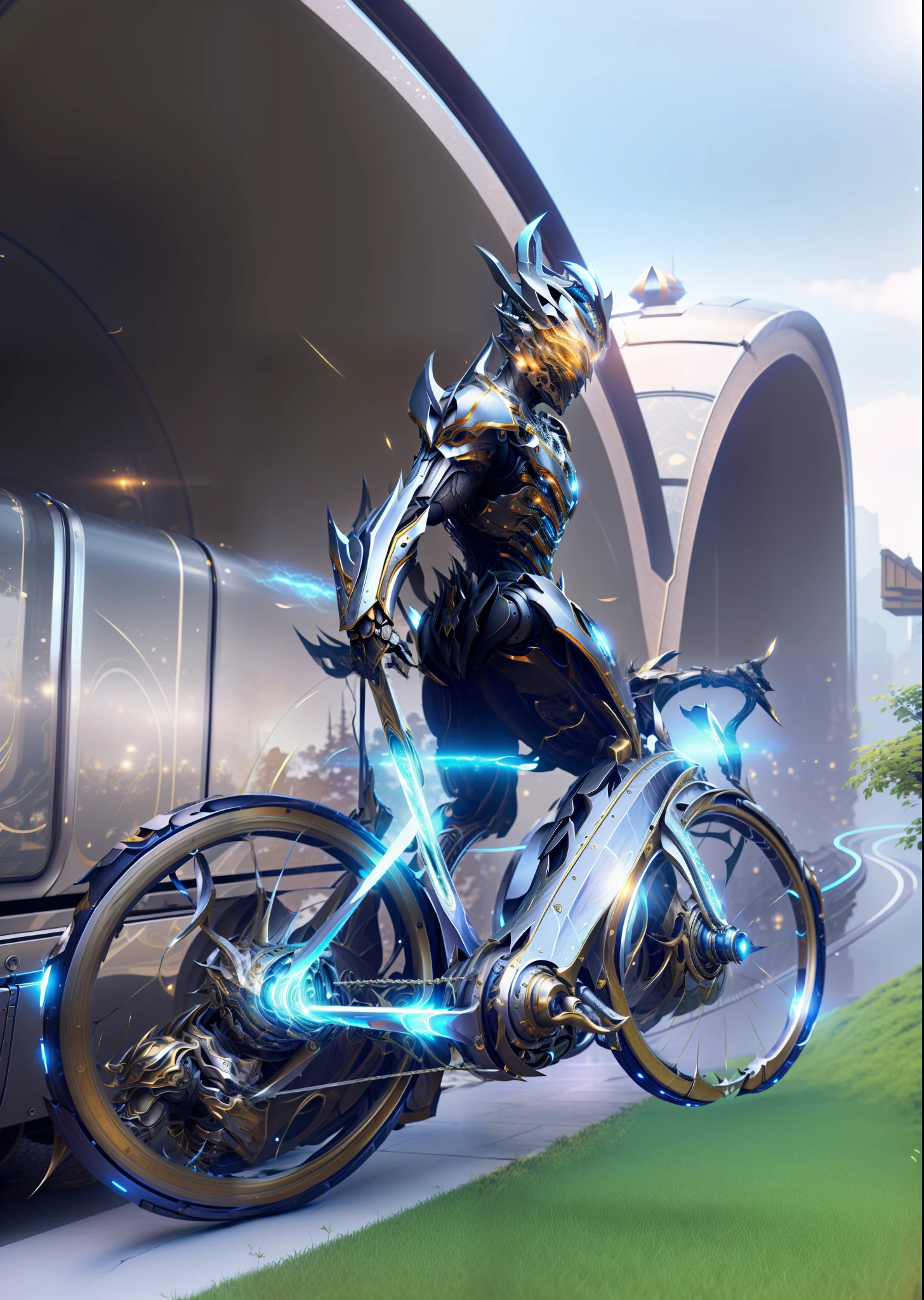 (Masterpiece: 1.2), Best Quality, High Resolution, Unified 8k Wallpaper, (Illustration: 1.0), Beautiful Detailed, Very Detailed, Perfect Lighting, Very Detailed CG, Locomotive, Glowing Eyes, Backlight, Armor, False Horn, Glow, Full Armor, Warframe, humanoid_robot, Horn, Helmet, Mask, sample_background, Looking at the Audience, Solo, Perspective,