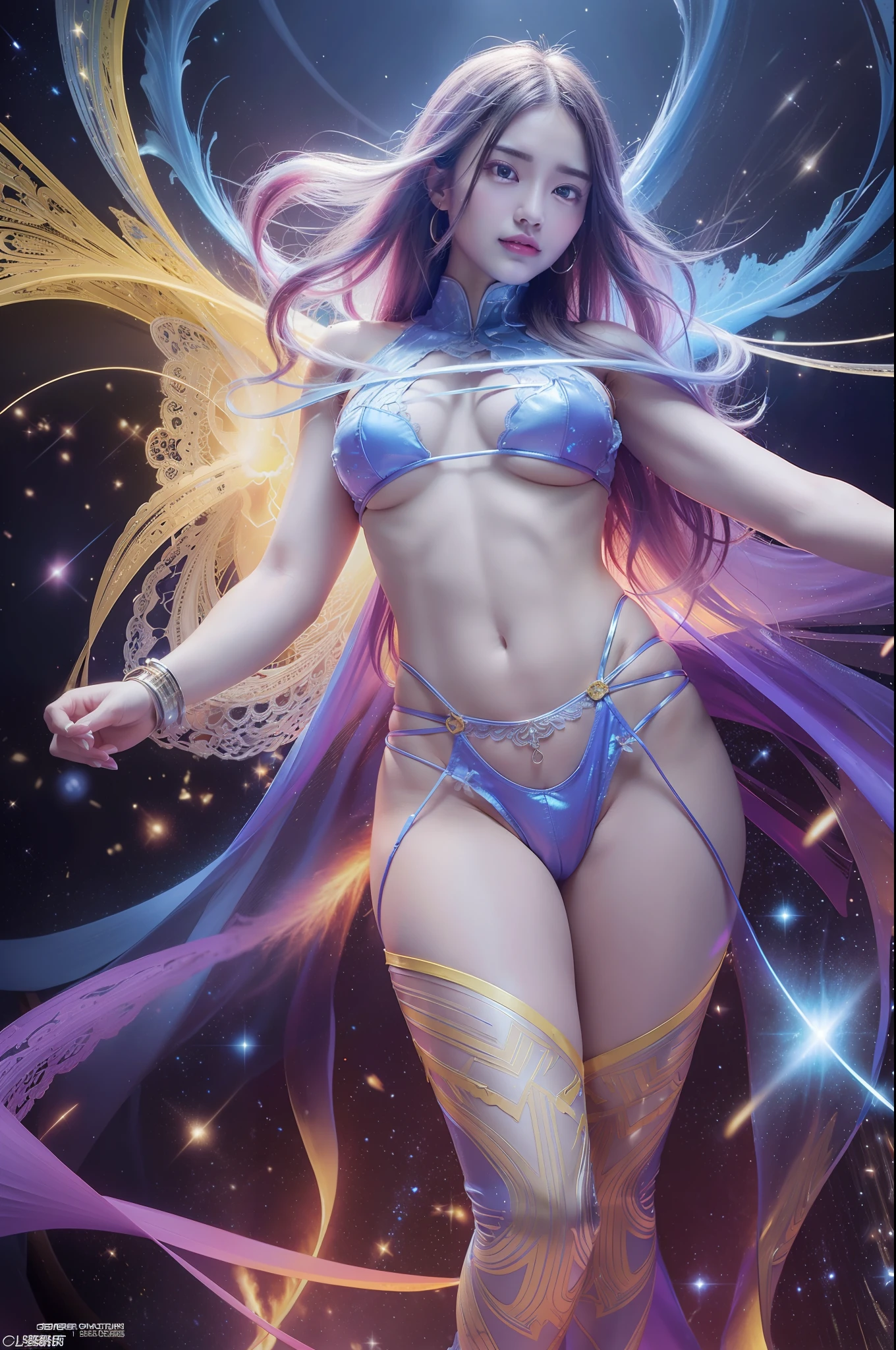 Digital Lighting, Photorealistic Stick, Beautiful Woman, (Elemental Mage Wrapped in Blue Flame and Yellow Lightning), (Chaos of Color), Gold and Ice Tones, Depth of Field, Beautiful, Alone, Full Body Shot, 20 Years Old, Bewitching, ((SFW: 1.9)), Perfect Proportions, Perfect Face, Big, (Smile), Glamour, Soft Curve, Wide Hips, Full Wet Lips, Cybernetic Perfect Body, Perfect Abs, Areola, Navel, Crotch, Sheer Female Organ, Long Lace Woven Cloth, Very Detailed, Ultrareal, Cinematic Lighting, Clear, Space Background, Movie Lighting Soft, (Backlight: 1.2), (Flowering: 1.2), (Bright Light: 1.1), (Chromatic Aberration: 1.2), Sharp Focus, High Contrast, Masterpiece, photorealistic, (fractal art), supernova explosion, strong wind, fluttering, flowing,