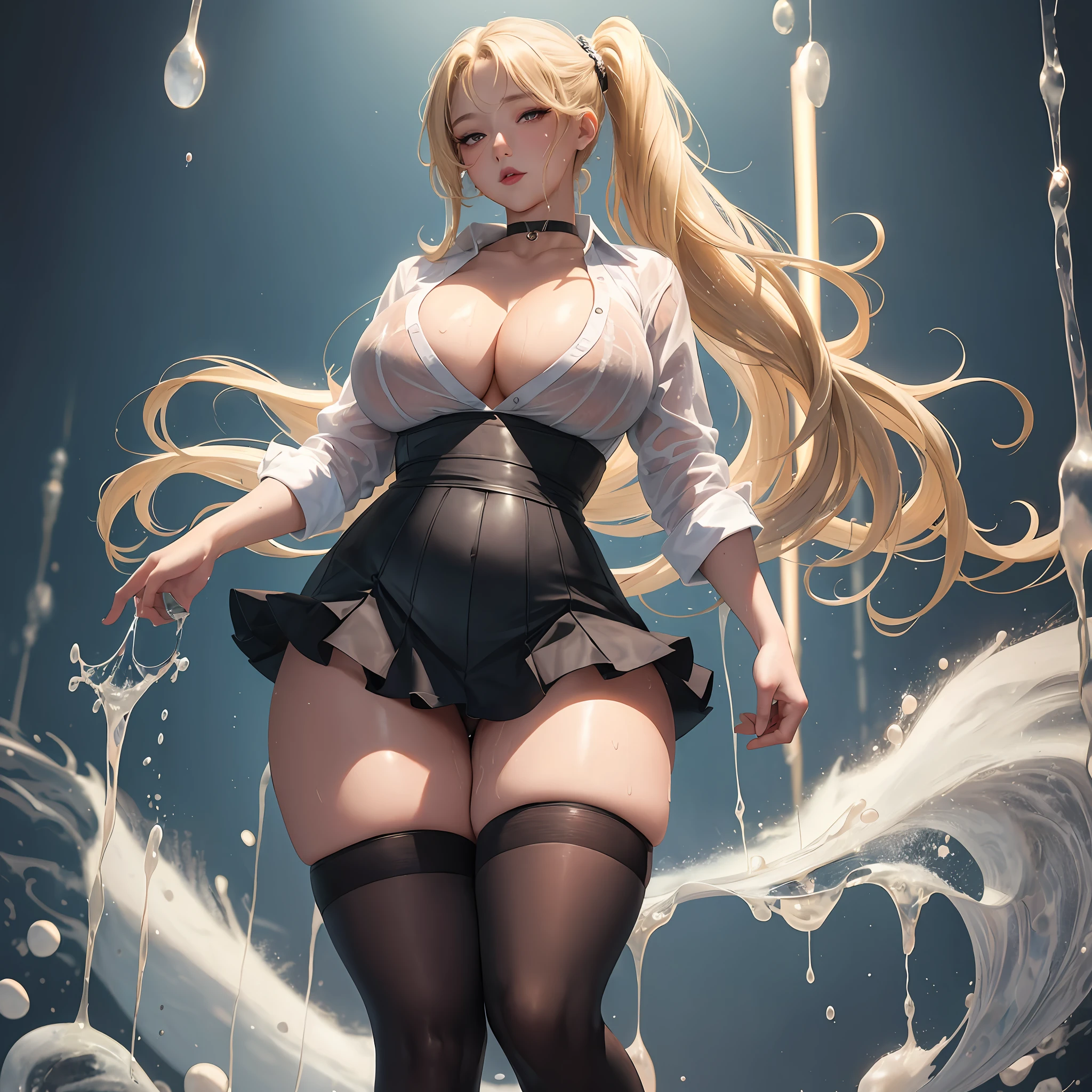 ((beautiful lighting)), blonde wavy side ponytail, tight stockings, very cute, huge breasts, thick thighs, school uniform, cleavage, not looking at the viewer, NSFW, (((masterpiece)), ((best quality)), full body, seen from below, choker, wet with white liquid