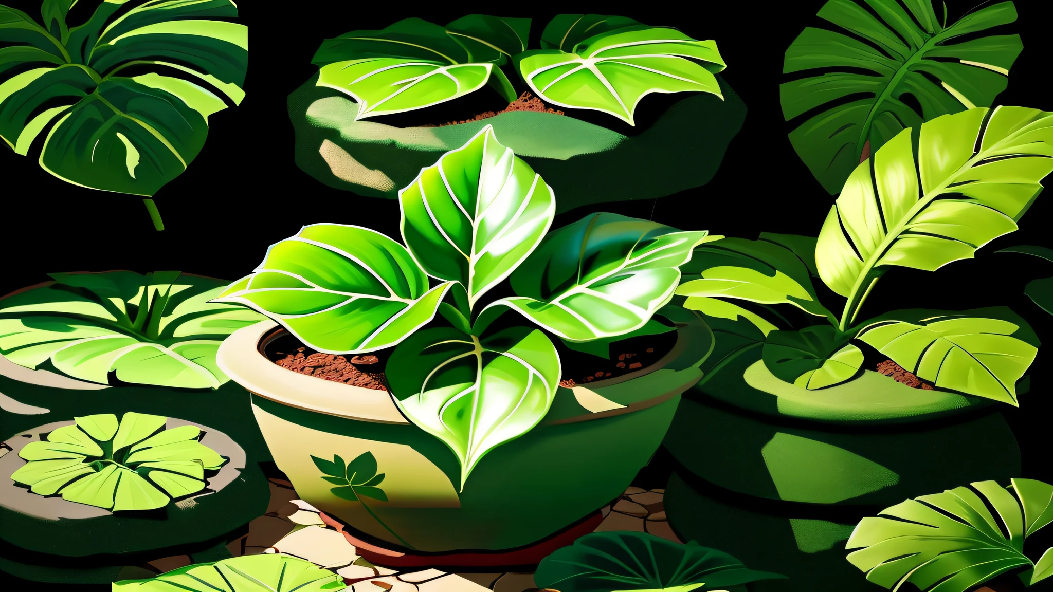 painting of a potted plant with a green leaf on a rock, potted plant, digital drawing, a digital painting, houseplant, plant, speedpaint, some plant life, drawn in microsoft paint, some plants, alien plant, green plant, beginner art, rendered art, large potted plant, depicting a flower, digital painting, spirited water plants, cel-shading style