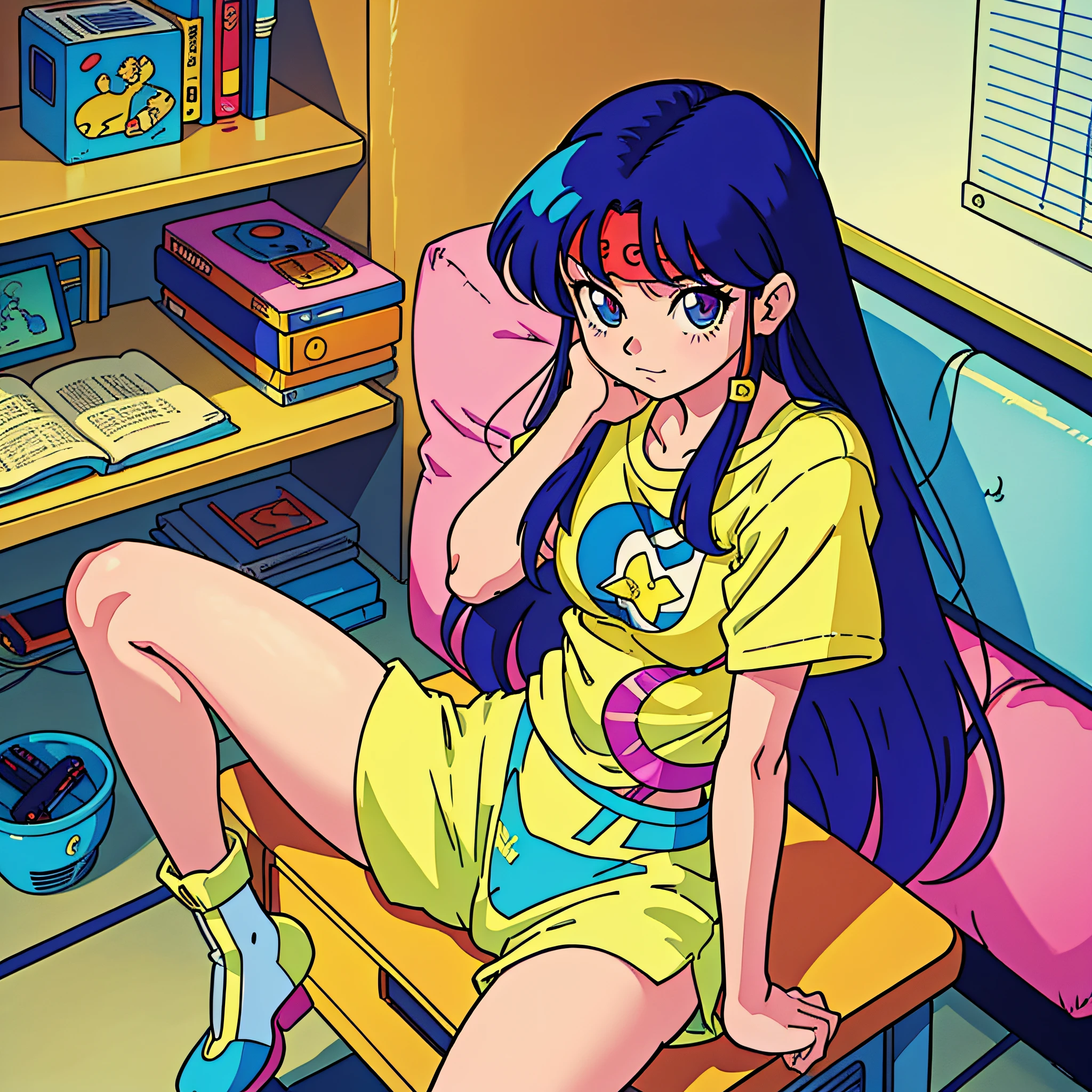 anime girl sitting on a desk with long hair in a yellow shirt, 90s anime style, 9 0 s anime style, 1980's anime style, 80s anime ova style, gainax anime style, an retro anime image, by Rumiko Takahashi, rumiko, inspired by Rumiko Takahashi, 9 0 s anime art style