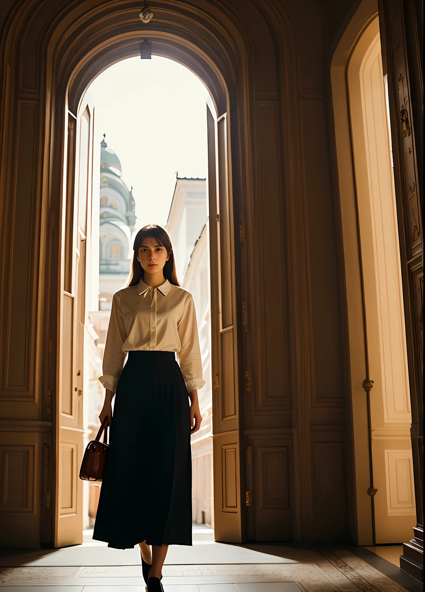 An impressive intricate color portrait of (sks:1 woman), wearing a white blouse, epic composition of characters, by ilya kuvshinov, alessio albi, nina masic, sharp focus, natural lighting, subsurface scattering, f2, 35mm, film grain, black hair, in front of an entrance of an imposing hotel