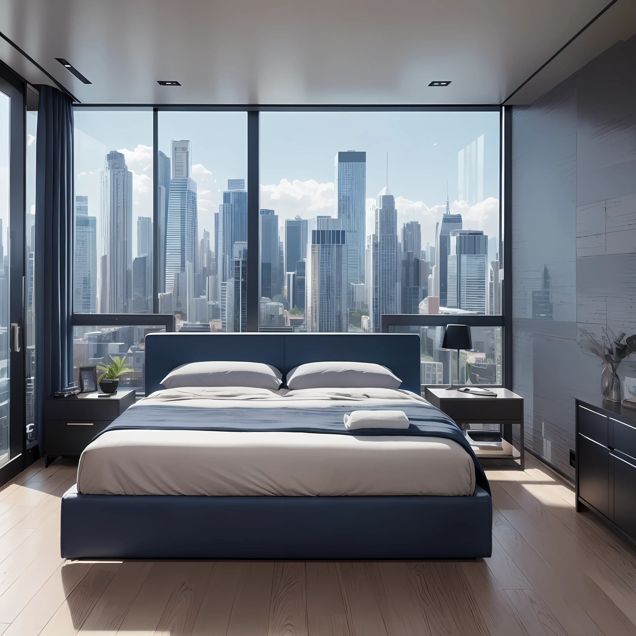 futuristic style masculine bedroom with a touch of dark blue, double bed, study table, window with photorealistic city view --auto --s2