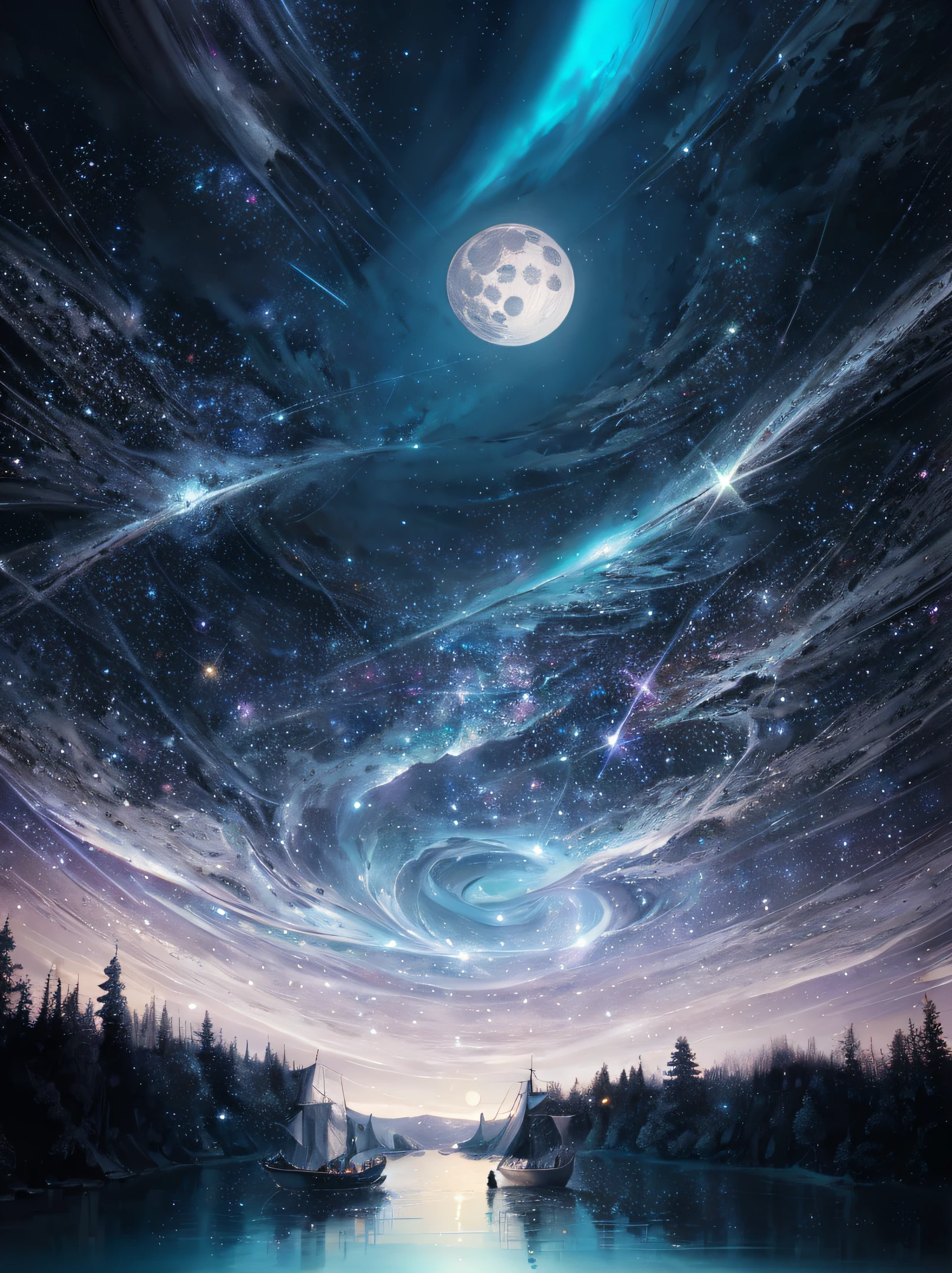 starry night sky with a boat and a full moon, in the astral plane ) ) ), surreal space, magnificent background, 4k highly detailed digital art, dreamlike digital painting, beautiful sci fi art, endless cosmos in the background, universe in the sky, space art, beautiful space, amazing wallpaper, beautiful image ever created, astral appearance, floating in the universe