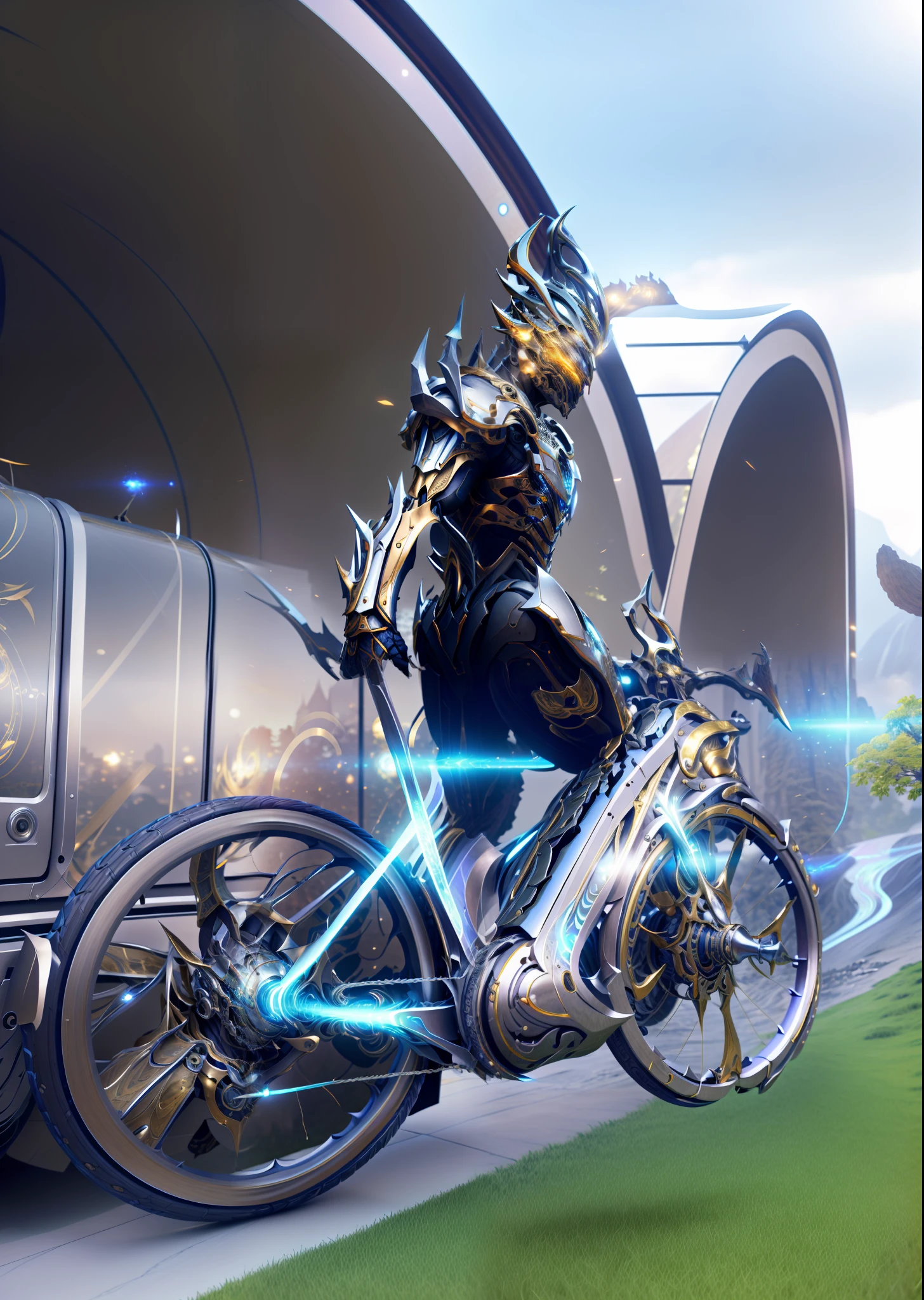(Masterpiece: 1.2), Best Quality, High Resolution, Unified 8k Wallpaper, (Illustration: 1.0), Beautiful Detailed, Very Detailed, Perfect Lighting, Very Detailed CG, Locomotive, Glowing Eyes, Backlight, Armor, False Horn, Glow, Full Armor, Warframe, humanoid_robot, Horn, Helmet, Mask, sample_background, Looking at the Audience, Solo, Perspective,