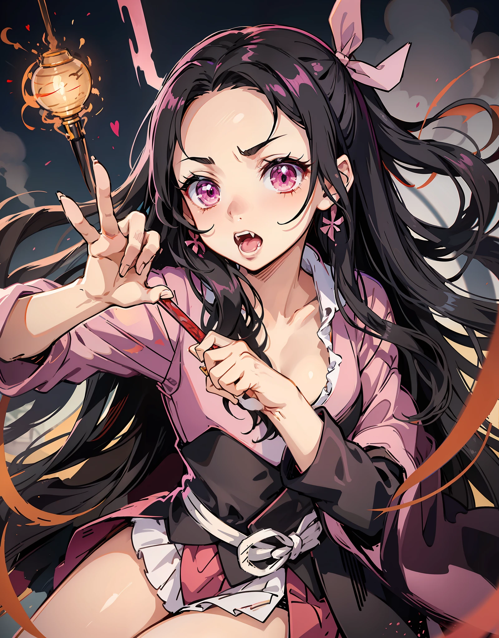 anime, hdr, soft light, ((best quality)), ((masterpiece)), (detailed), NezukoDS, kamado nezuko, black hair, forehead, open mouth, fangs, pink eyes, very long hair, hair ribbon, japanese clothes, pink kimono, multicolored hair, pink ribbon, cleavage, angry, horn, standing, legs apart, fighting pose, blood, blood on clothes, blood on face, flowing blood, destruction, kimetsu no yaiba style, sparks,