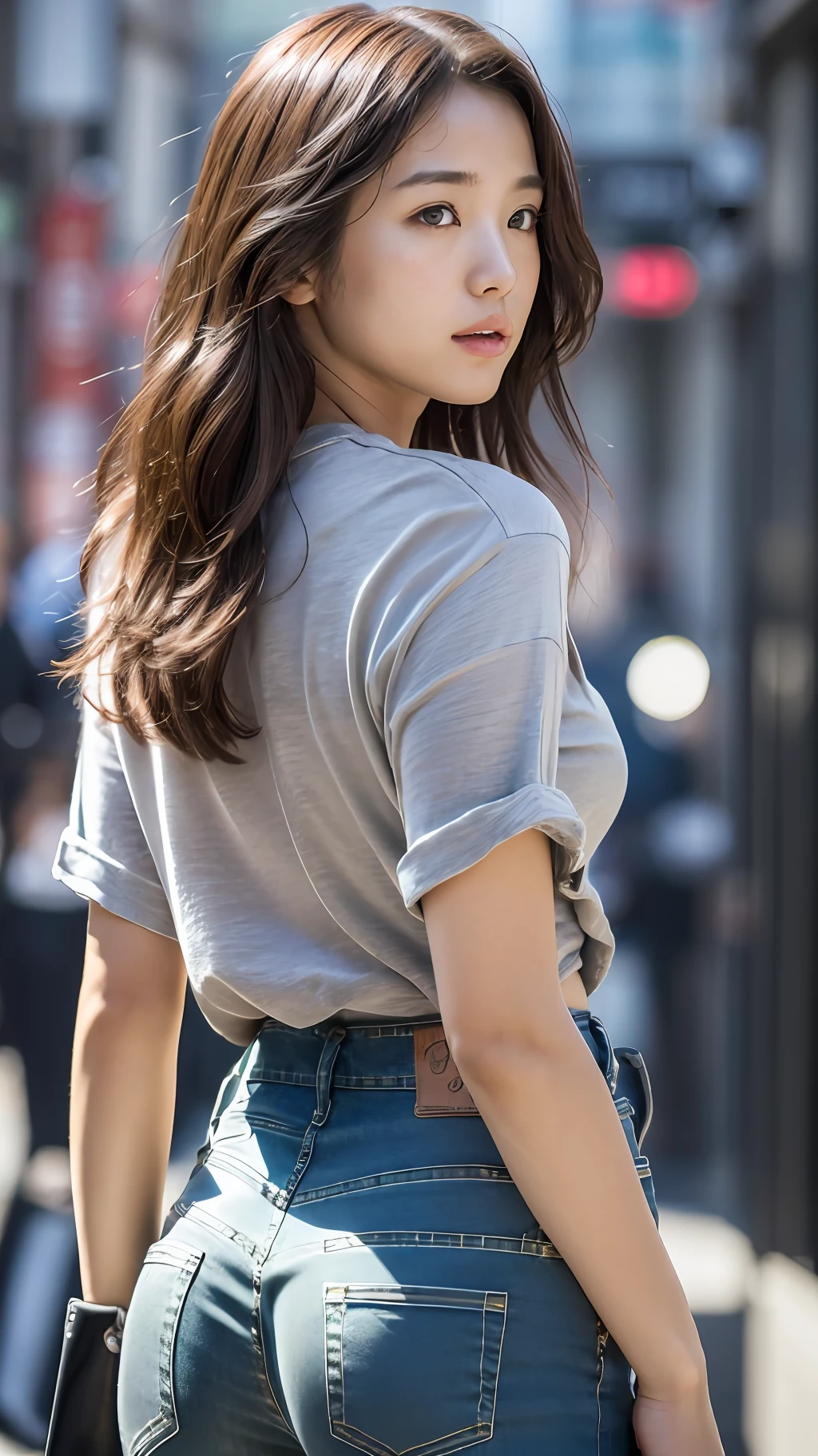 (young:1.2),(looking away:1.4),8k,RAW portrait of (japanese girls:1.2),photorealistic,ultra high res,best quality,
BREAK
slender,from behind,(standing),street,TOKYO,(oversized pants:1.4),shirt,(large buttocks:1.2),wavy hair,Crowded city,belt
BREAK
(natural skin texture,detailed skin, hyperrealism,ultra sharpness),intricate details,Depth of field,natural lighting,