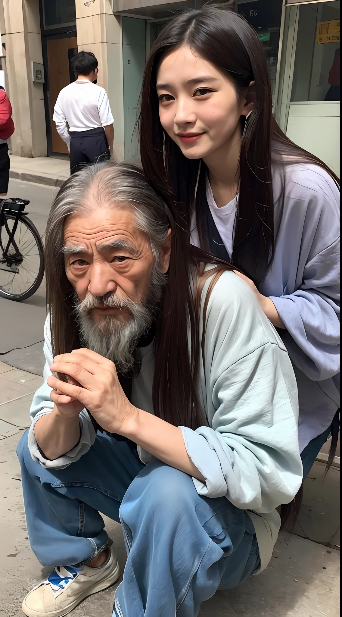 An old Chinese man, with a wrinkled face, long beard, ragged clothes, begging in the street