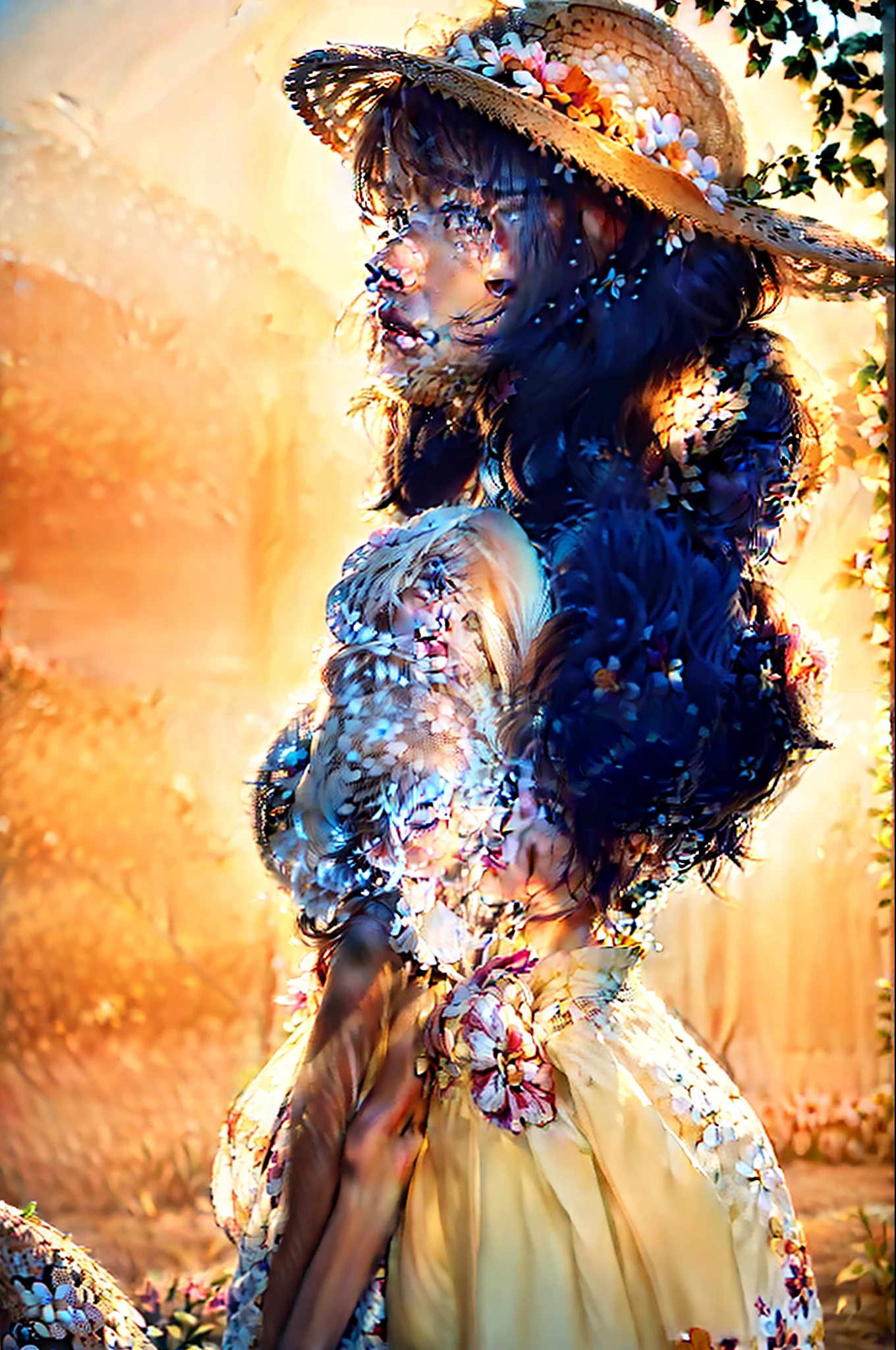 (extreme close up:1.5), (face focus:2),(Style of ???? ???:1.5),
((side face:2)),(1girl surrounded by soft_light:1.5), (backlighting:1.8), (lighting),(flowing fabric:1.3), ((Floral_summer_dress:1.5),(Straw_hat:1.3)),
(masterpiece), realistic, HDR, highly detailed, 8k, raw photo,
ambient occlusion, natural, harmonious composition, warm tones, fine art photography,