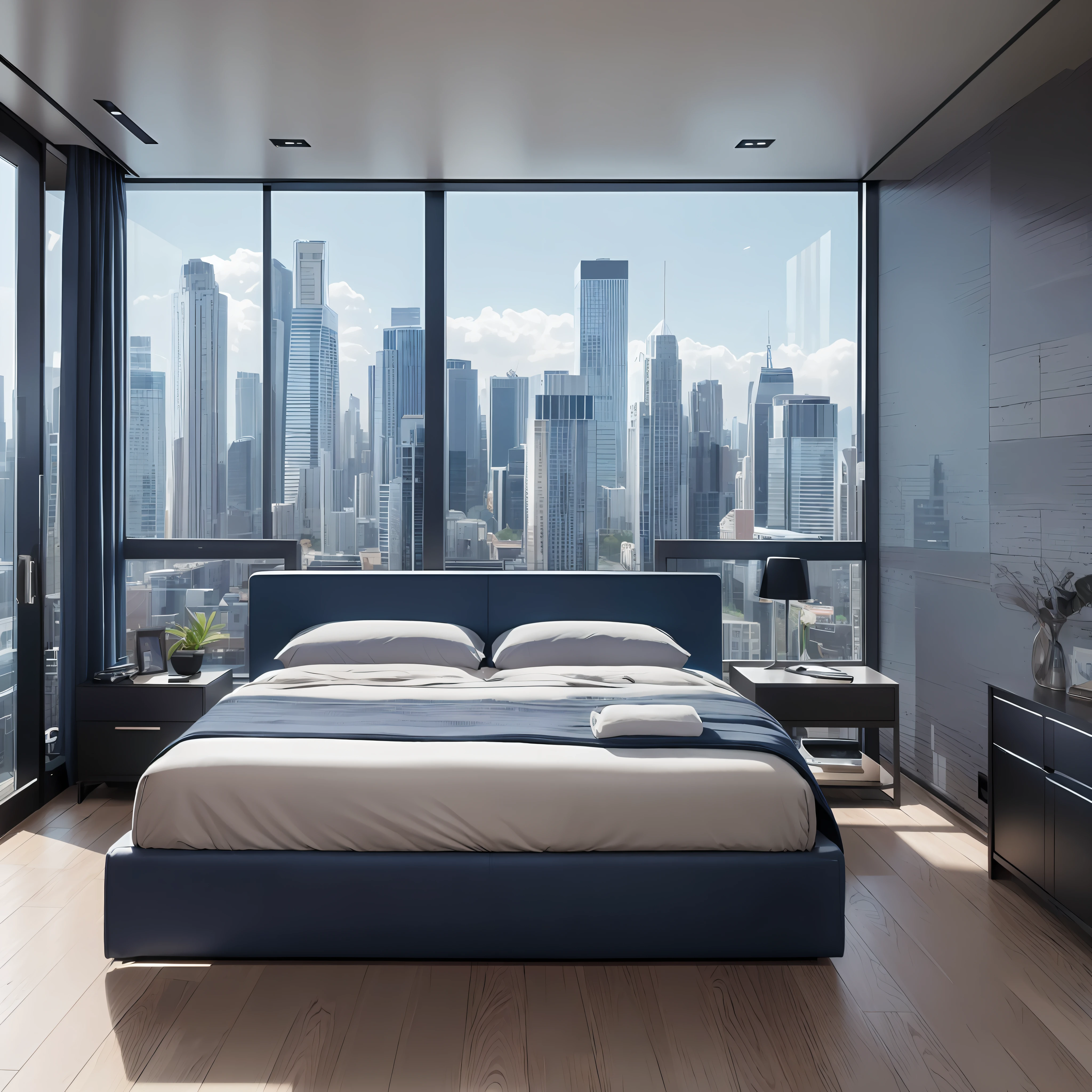 futuristic style masculine bedroom with a touch of dark blue, double bed, study table, window with photorealistic city view --auto --s2