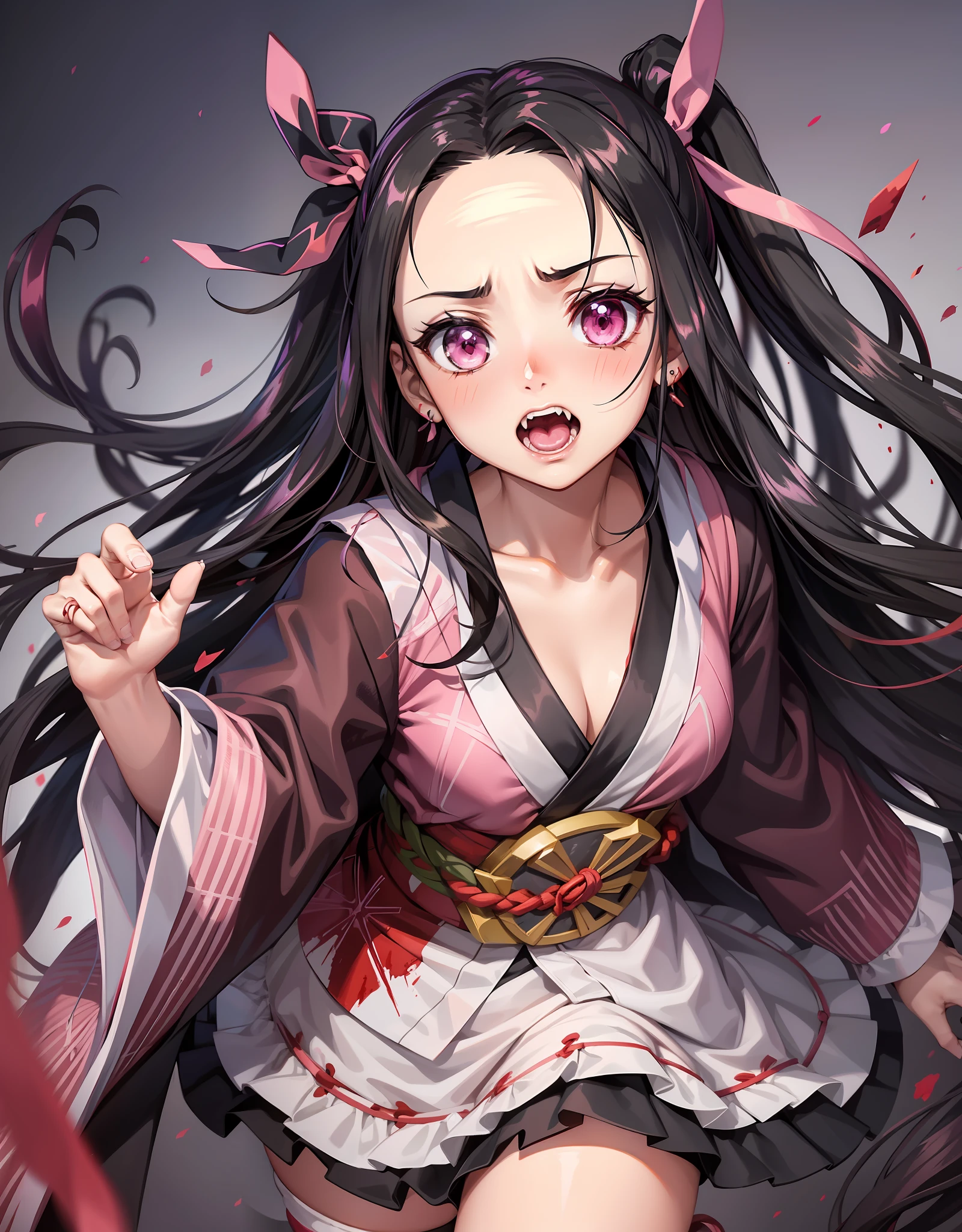 anime, hdr, soft light, ((best quality)), ((masterpiece)), (detailed), NezukoDS, kamado nezuko, black hair, forehead, open mouth, fangs, pink eyes, very long hair, hair ribbon, japanese clothes, pink kimono, multicolored hair, pink ribbon, cleavage, angry, horn, standing, legs apart, fighting pose, blood, blood on clothes, blood on face, flowing blood, destruction, kimetsu no yaiba style, sparks,