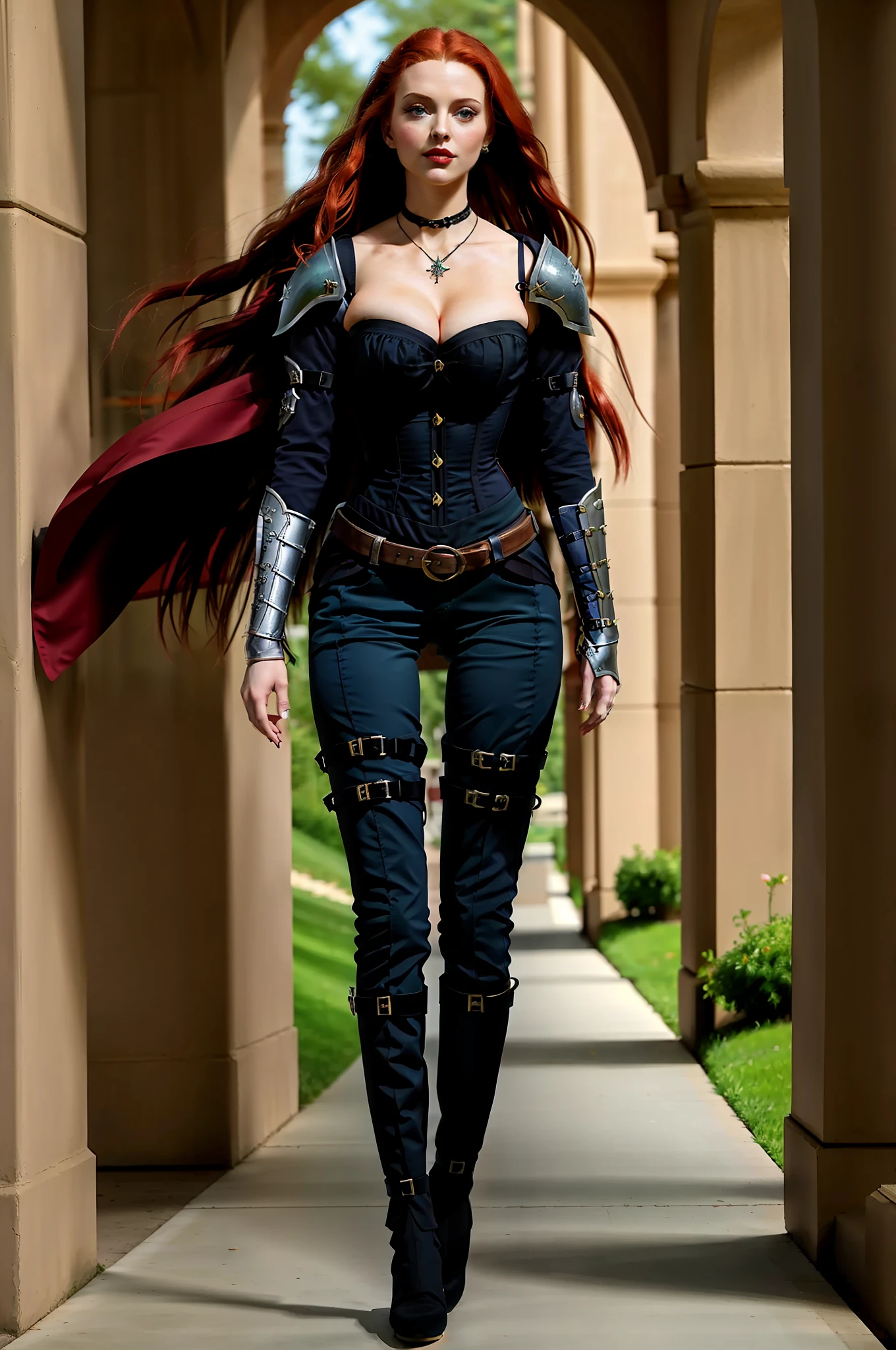 medieval RPG character painting, long wind blown flowing ginger hair, red & black swashbuckler rogue corset, metal pauldrons, saber on belt, black leather strappy pants, (straps buckles:1.2) armor, red lips, green eyes, elegant pendant, standing inside ancient hallway, thigh gap, dynamic pose, (masterpiece:1.4) (best quality:1.4) (8k) (HDR) (wallpaper) (cinematic lighting) (sharp focus) (intricate) (painterly) Style-Sylvamagic