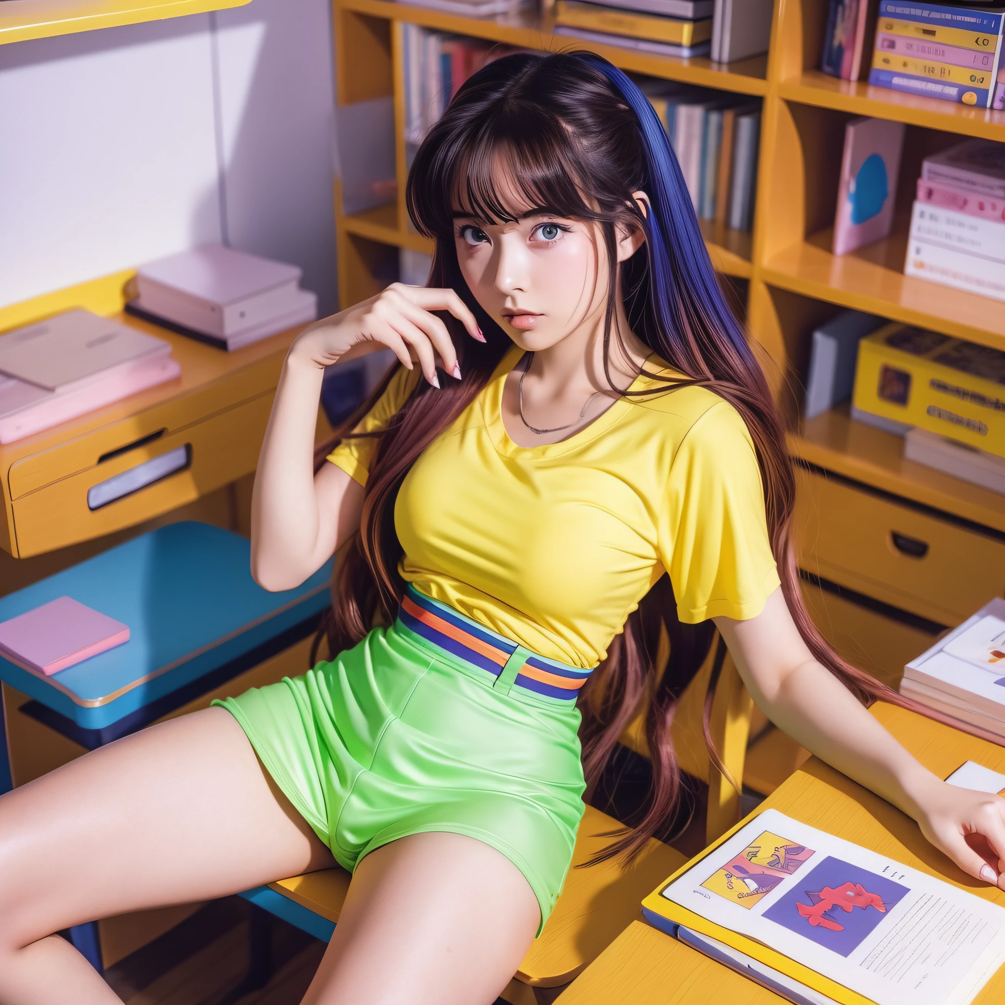 anime girl sitting on a desk with long hair in a yellow shirt, 90s anime style, 9 0 s anime style, 1980's anime style, 80s anime ova style, gainax anime style, an retro anime image, by Rumiko Takahashi, rumiko, inspired by Rumiko Takahashi, 9 0 s anime art style