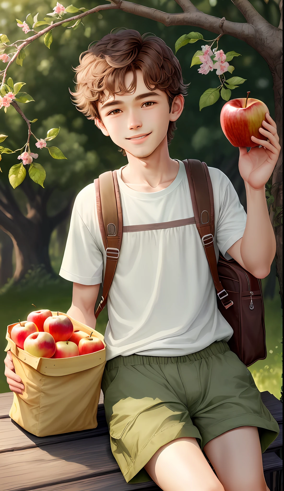 masterpiece, best quality, ultra detailed, ultra high res, (photorealistic: 1.2), 8K, extremely detailed CG 8k wallpaper unit, intricate, highly detailed, realistic,
1 man,
ager, (confident), (handsome), (smile), big eyes, short hair, brown hair,
Adventure clothes, hiking boots, backpack on the side
Leaning against the large tree, relaxed, enjoying the shade of a large apple tree, laden with fruit, with a fruit in hand.
Weeds, flowers, nature, cute little animal interaction
Composition in the line of thirds, direct light
Warm colors, rich colors, rich details
[Impasse Texture], watercolor texture
Pixiv Style