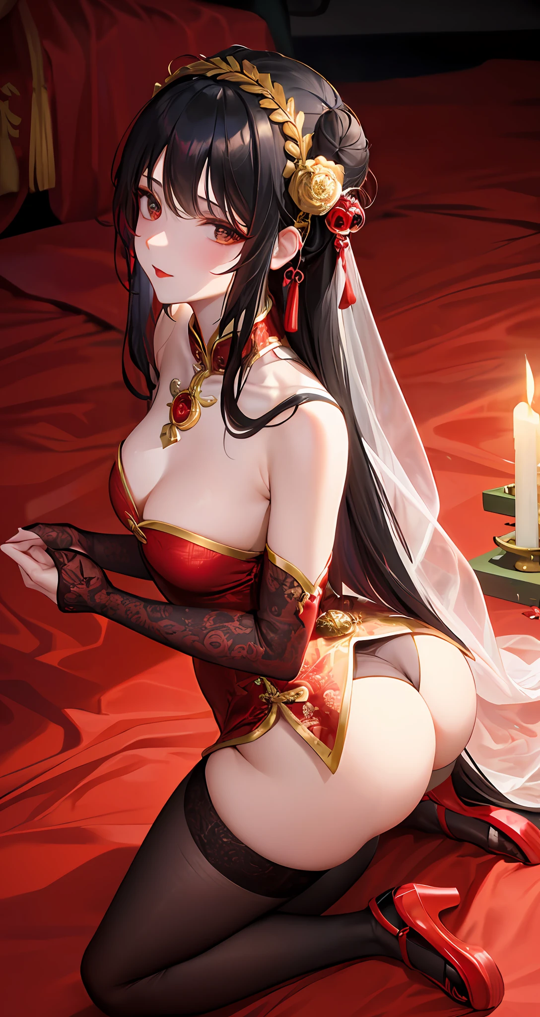 Masterpiece, Superb Body, Extremely Normal Body, Candlelight Night in the Cave House, Wedding Scene, ((Single +)) (Kneeling Position) (Point You By Ass) Mature Woman, Chinese Style, (Royal Sister), Chinese Costume Red Wedding Dress, Bun, Black Long Haired Woman, (Flat Shoes ++), Black Stockings, Red Lips, Gentle, Intellectual, Three Belts, Wedding Background, Wan, Red Lantern, Festive Atmosphere, Face Close-up, Face Close-up